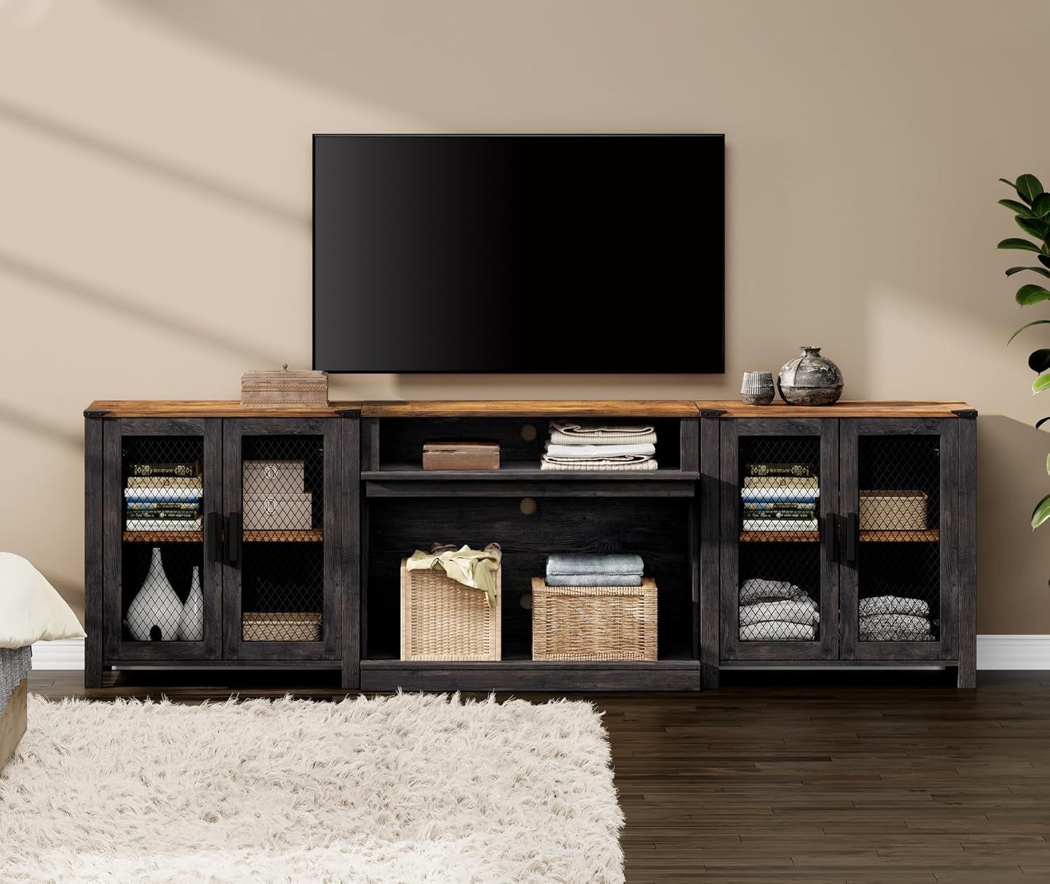 2 in 1 TV Stand Set for 100 Inch TV, Farmhouse Entertainment Center with 4 Mesh Door and Open Storage Shelves, Wood Media TV Console Table for Dining and Bedroom，Dark Walnut and Black