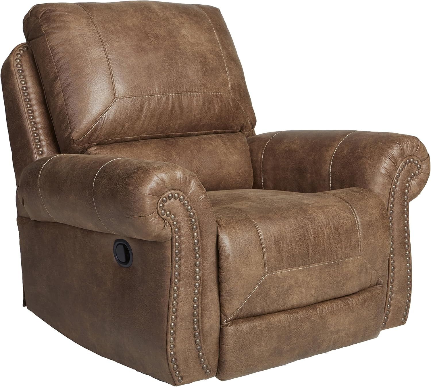 Larkinhurst Faux Leather Manual Rocker Recliner with Nailhead Trim, Brown