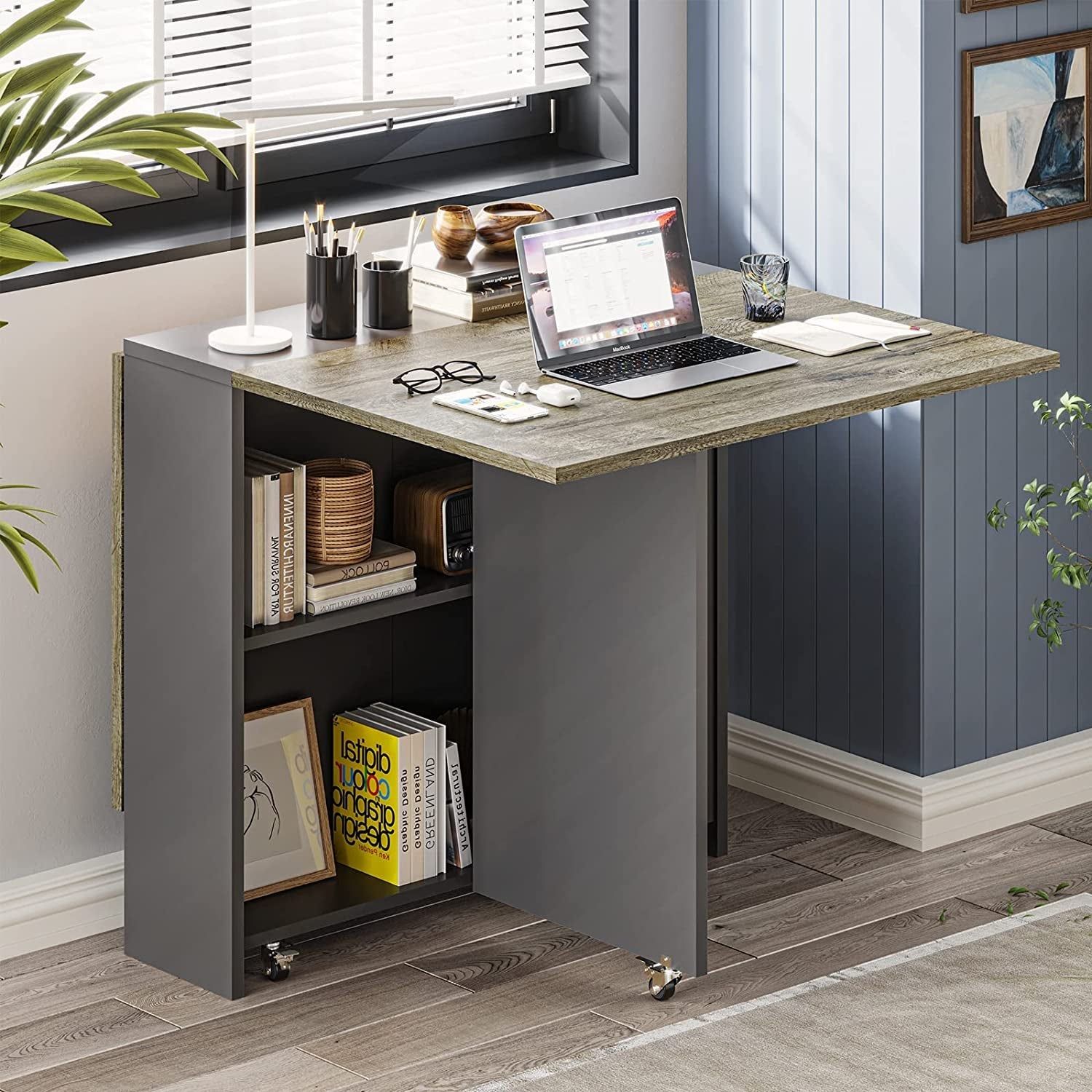 Folding Dining Table with Drop Leaf and Storage