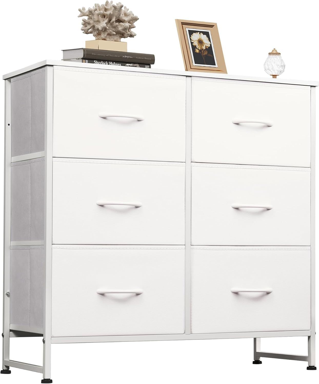 White Dresser for Bedroom, 6 Drawer Double Dresser, Fabric Storage Tower with Fabric Bins, Chest of Drawers for Closet, Living Room, Hallway