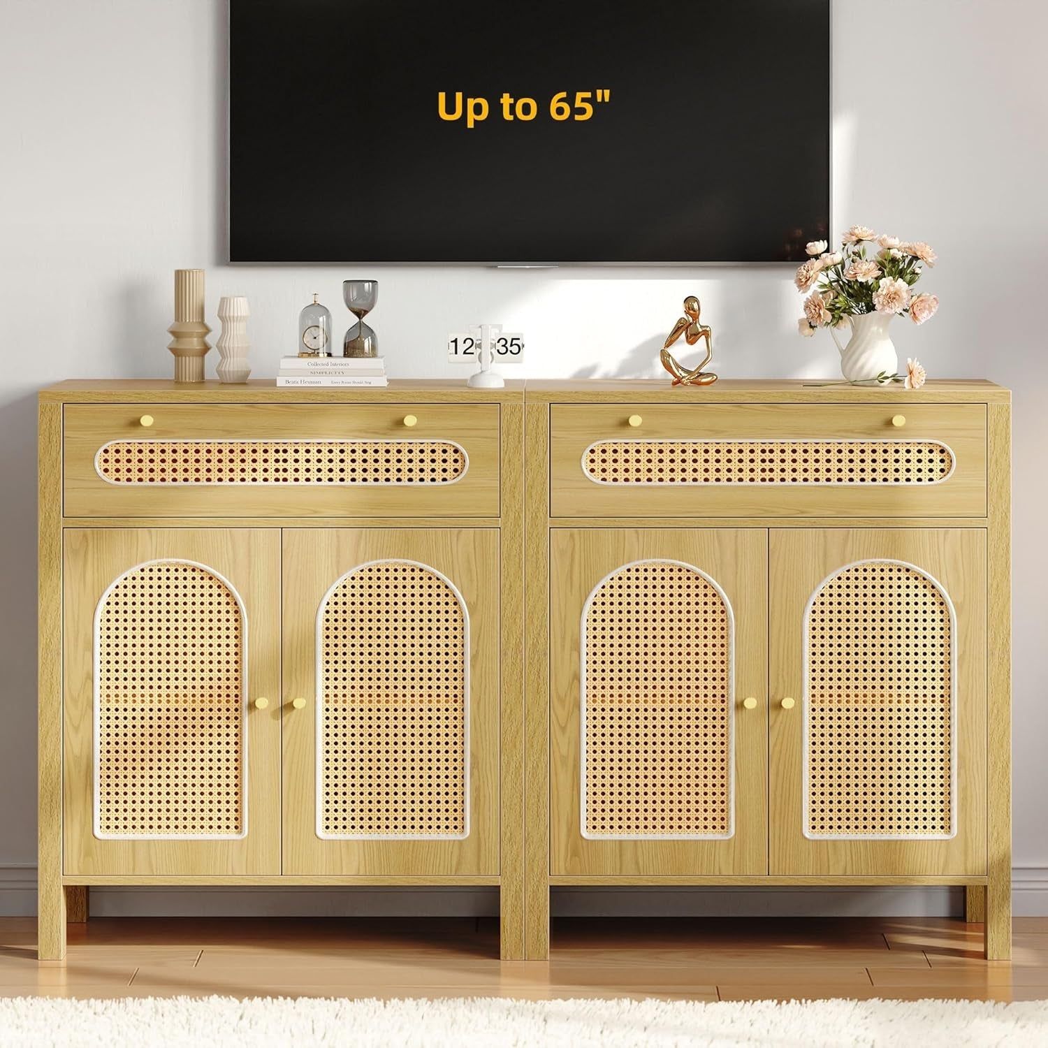 2 Pieces Sideboard Buffet - Kitchen Storage Cabinet with Rattan Doors/Dining Room/Hallway - Cupboard Console Table with Large Drawers - High Accent Cabinet 36&quot; in Height-Natural