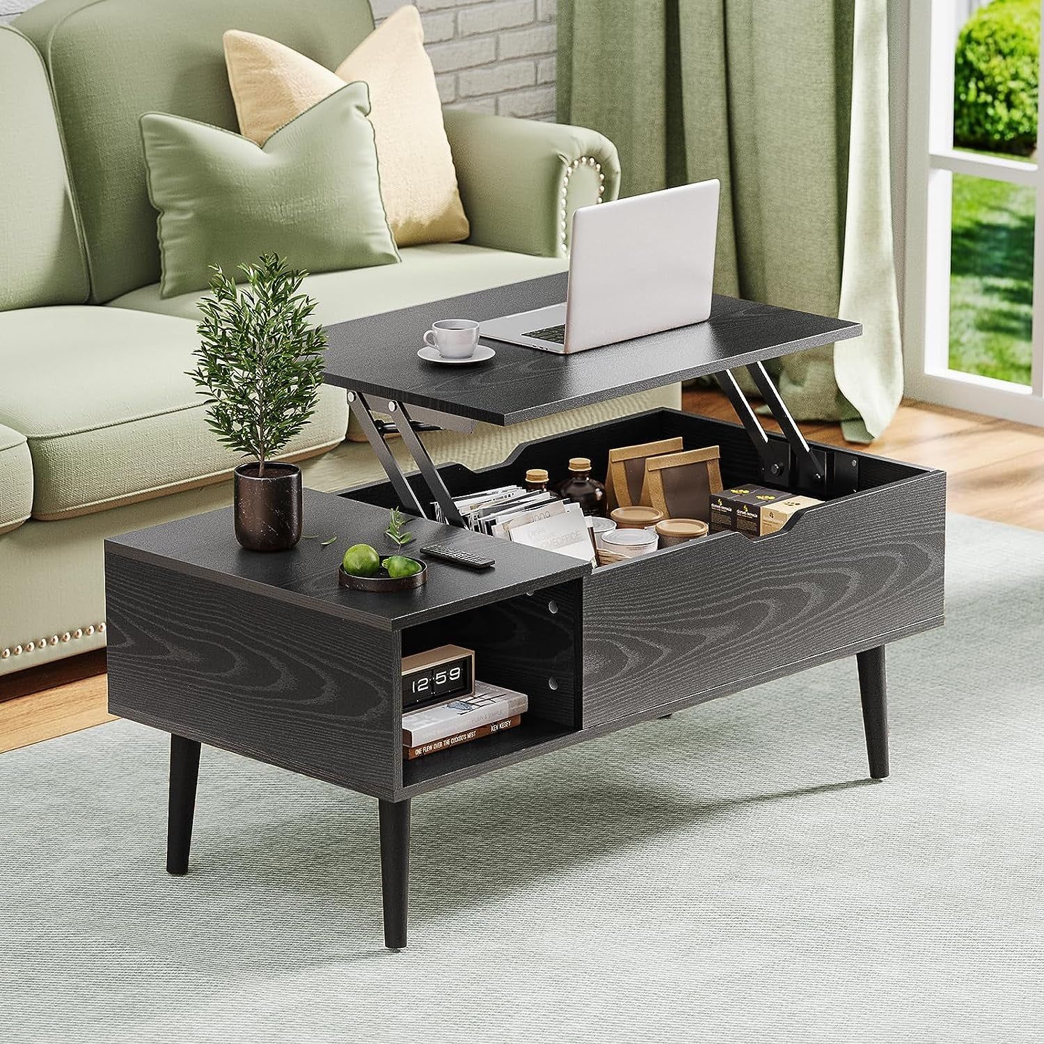 Wood Lift Top Coffee Table with Hidden Compartment and Large Storage Shelf, Lift Tabletop Dining Center Table for Home Living Room Office, Ink