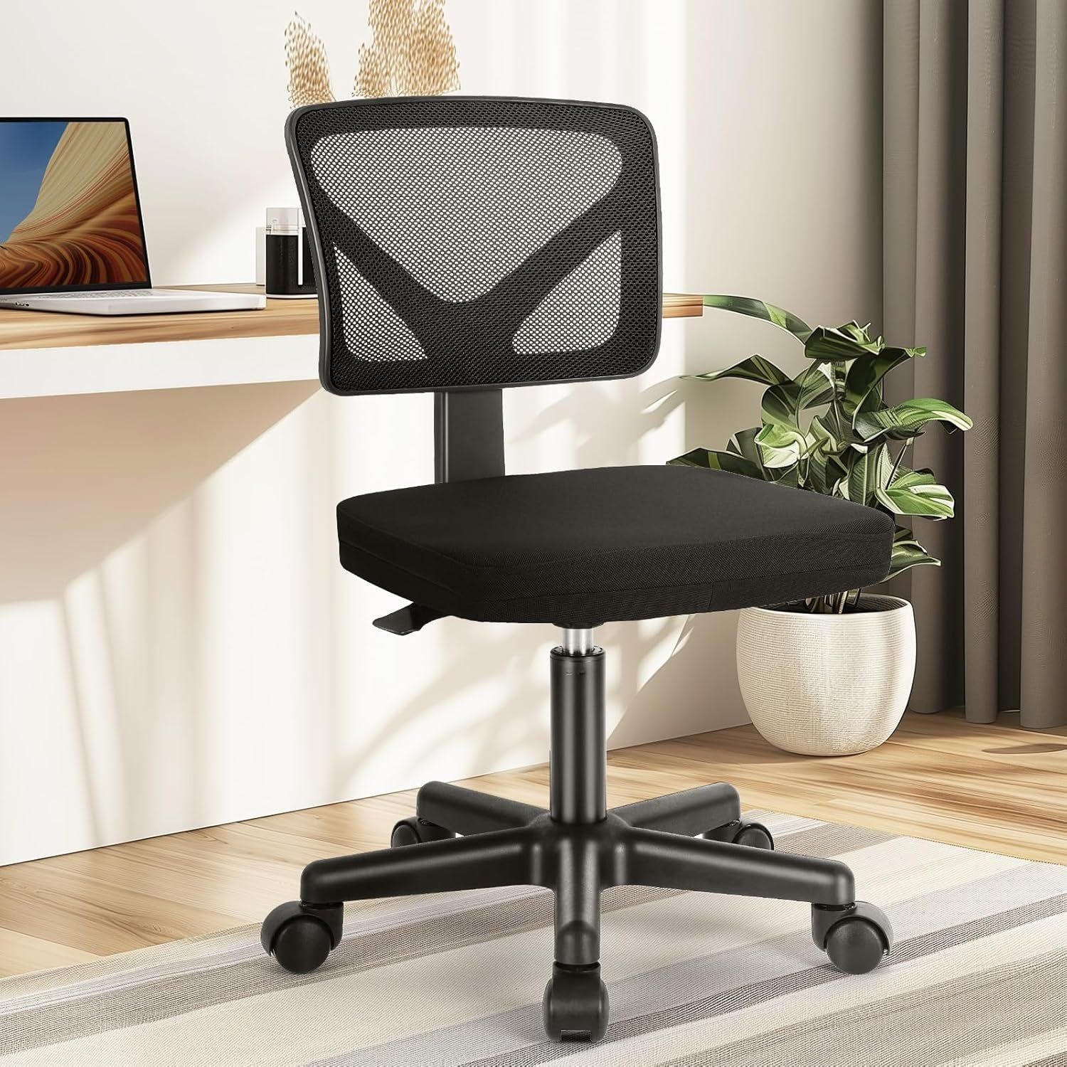 Armless Desk Chairs with Wheels Cute Home Office Chair No Arms, Ergonomic Adjustable Swivel Rolling Task Chair, Comfy Mesh Mid Back Computer Work Vanity Chair for Small Spaces, Dark Black