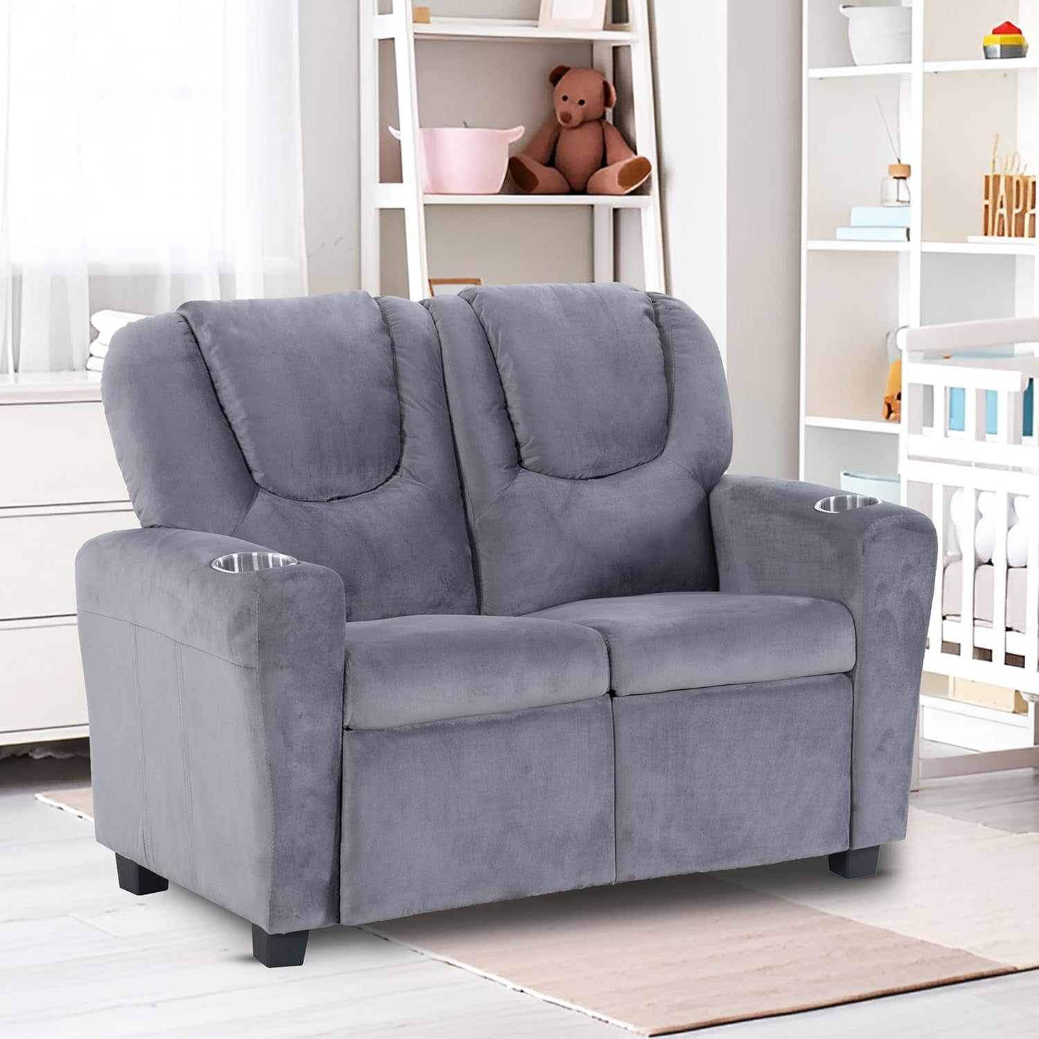 Suri Kids Recliner Loveseat – Spacious Toddler Recliner Chair Ages 3-5 with Cup Holders, Push-Back Function, and Adjustable Footrest - Gray