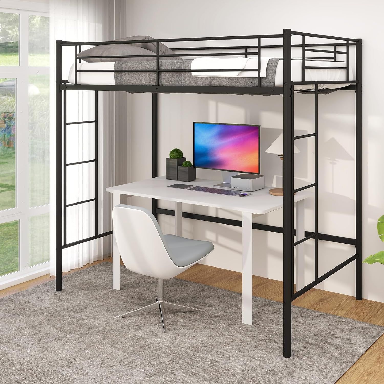 Loft Bed Twin Size, Metal Bedframe with Dual Ladders and Safety Guardrail, Heavy Duty Twin Loft Bunk Beds Frame for Juniors Teens Adults, Noise-Free, Space-Saving, No Box Spring Needed (Black)