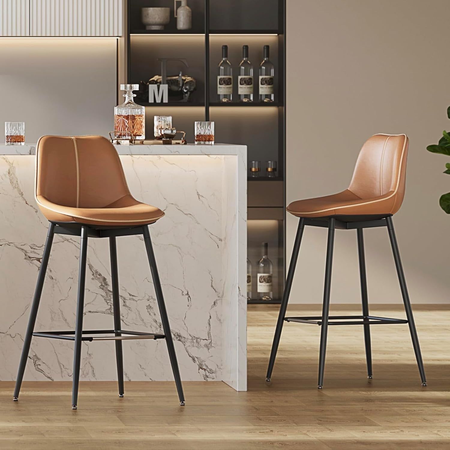 Bar Stools Set of 2, Bar Height Bar Stools with Back, Ergonomic Backrest, Synthetic Leather, Metal Legs, 28.7-Inch Tall Stools for Kitchen Island Home Bar, Caramel Brown ULBC888K01