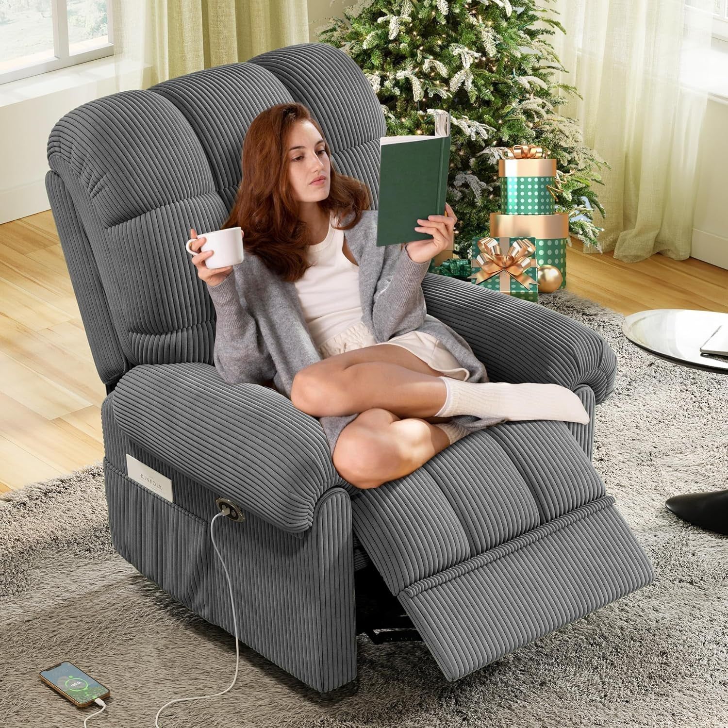 Upgraded Power Recliner Chair for Adults, Adjustable Electric Chair Power Reclining Sofa, USB Port, Ultra-Comfy Corduroy Recliner for Living Room, Tool-Less Assembly Single Sofa Gray