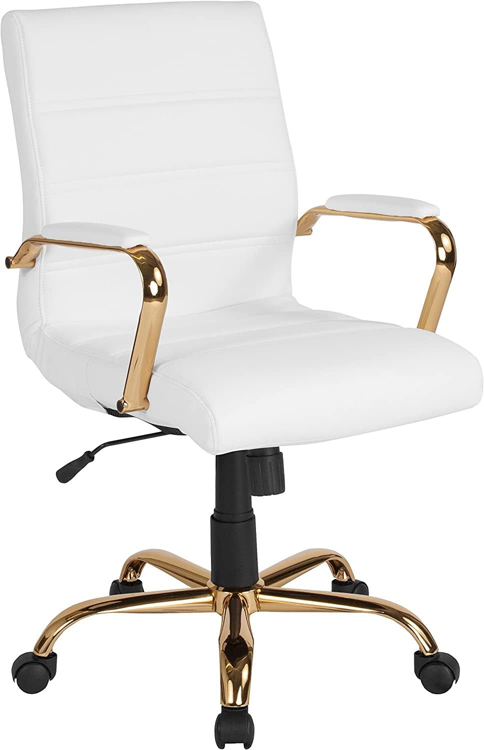 Whitney Mid-Back Swivel Leathersoft Desk Chair with Padded Seat and Armrests, Adjustable Height Padded Office Chair, White/Gold
