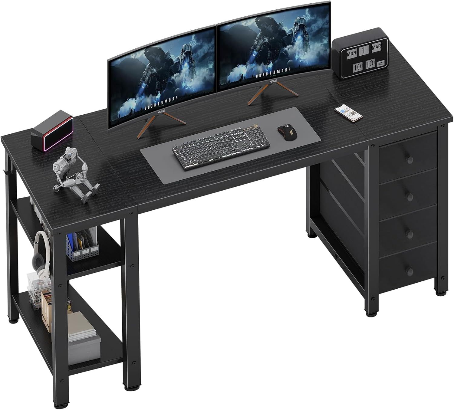 Gaming Desk with 4 Fabric Drawers &amp; Storage Shelves, 55 Inch Computer Writing Work Study Desk for Home Office Bedroom, Modern Simple Student PC Desks Table, Black