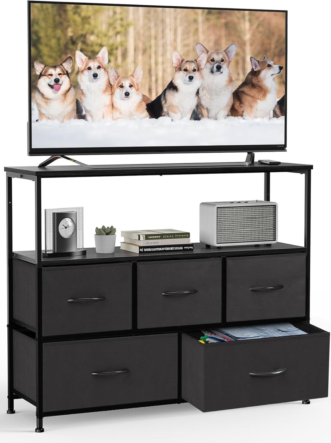 TV Stand Dresser for Bedroom Entertainment Center with 5 Fabric Drawers Storage Organizers Units, Media Console Table with Open Shelf up for 45&quot; Television for Living Room, Dorm, Classic Black