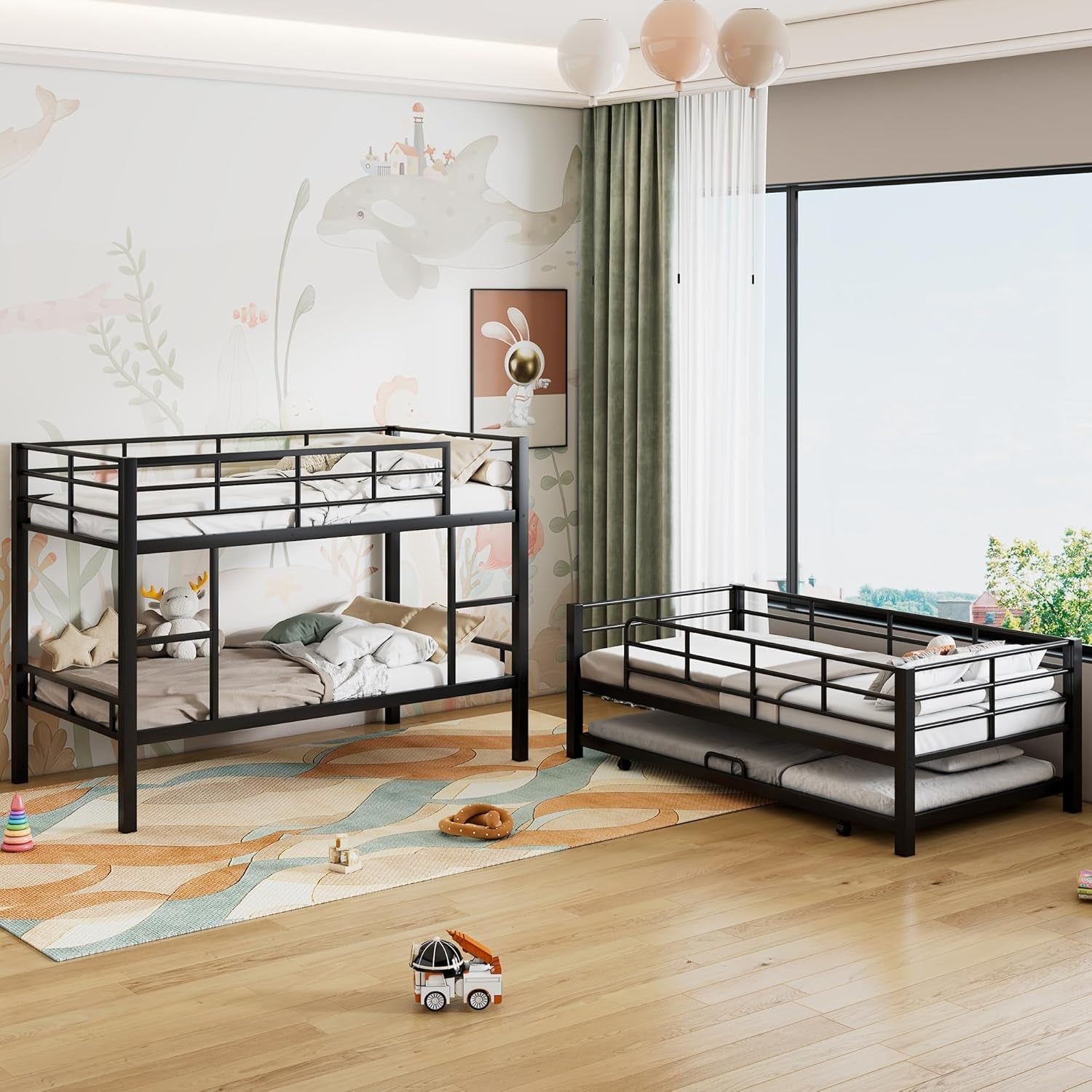 Metal Twin Size Triple Bunk Bed with Trundle for 4, Bunk Beds with 2 Ladders &amp; Guardrails, Convertible to 3 Separate Beds for Kids Teens, Space-Saving, Black