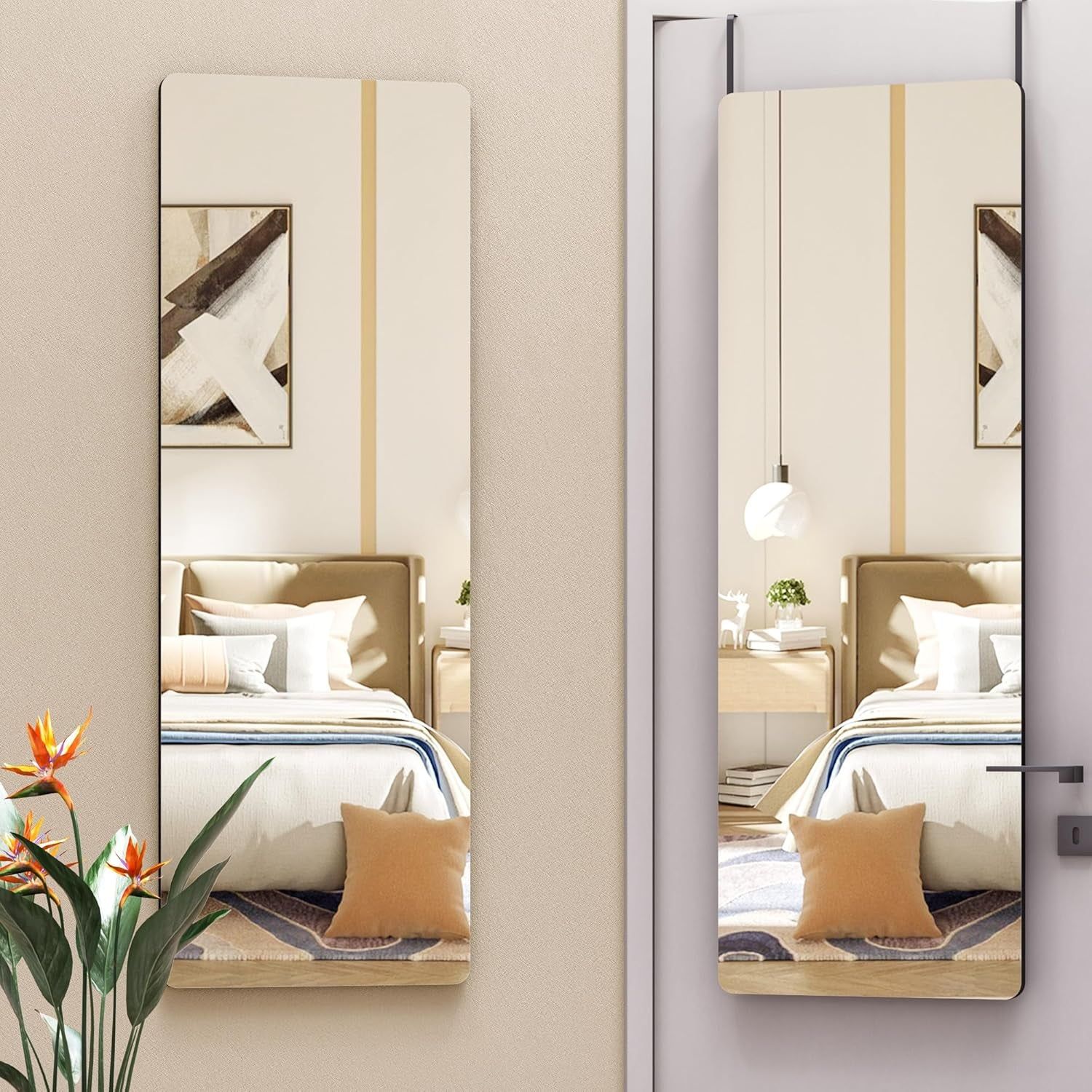 Door Mirror Full Length, 47&quot;X 16&quot; Full Body over the Door Hanging Wall Mounted Mirror for Bedroom, Living Room, Cloakroom, round Black