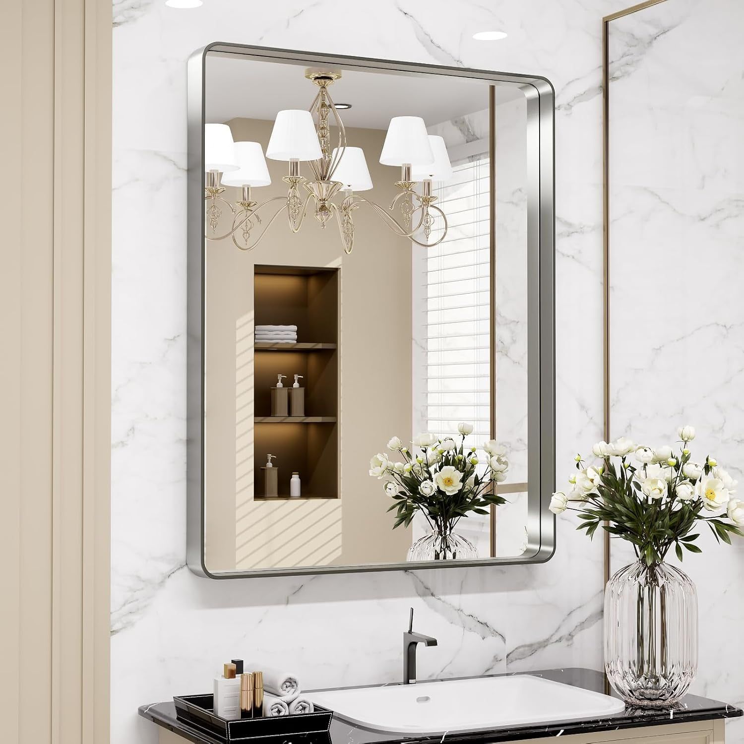 24X30 Inch Brushed Nickel Bathroom Mirror, Rounded Rectangle Silver Metal Frame Mirror, Brushed Nickel, Anti-Rust, Shatter Proof, Hangs Horizontally or Vertically
