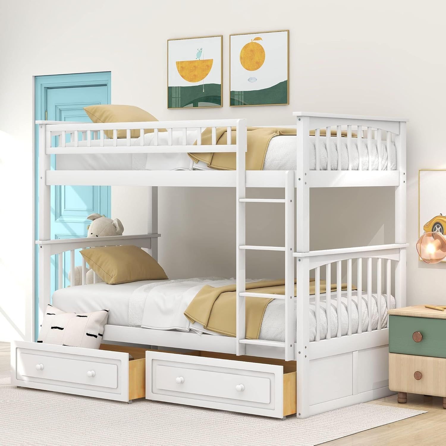 Harper &amp; Bright Convertible Wood Twin-Over-Twin Bunk Bed with Storage Drawers and Ladder - Can Be Divided into Two Daybeds (White)