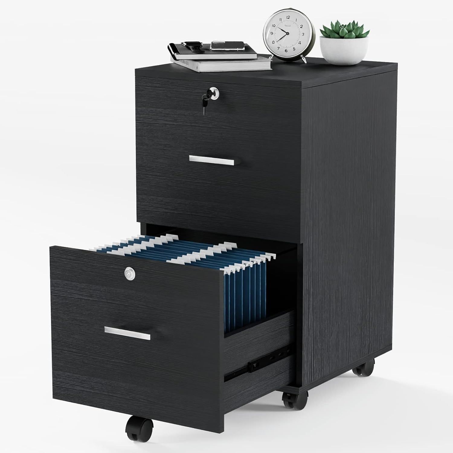 2-Drawer Small Rolling File Cabinet with Lock, Wood Filing Cabinet for Hanging Letter Size Filings with Tabs, Mobile under Desk File Cabinet for Home Office, Classic Black, 27.2&quot; H