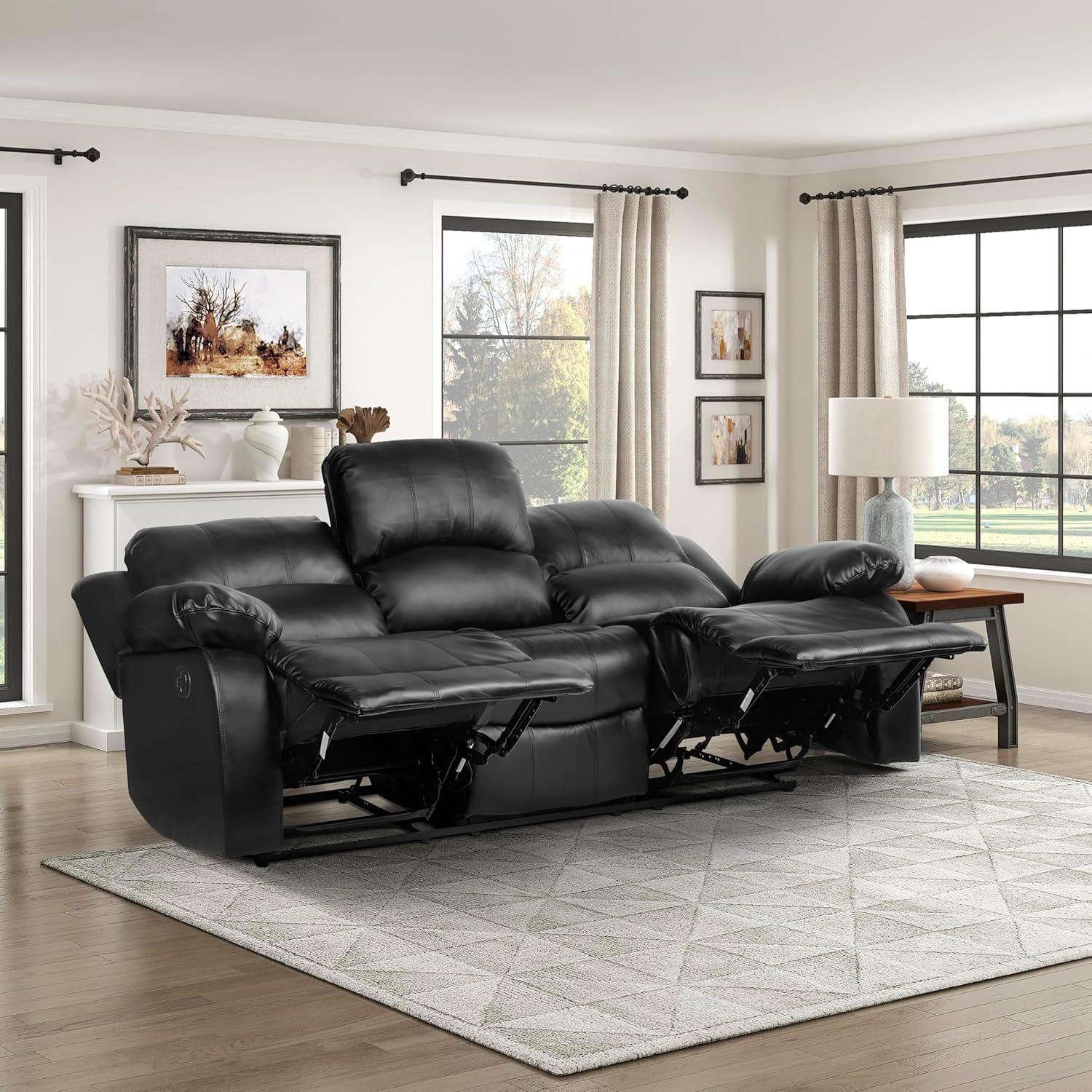 Humphreys Loveset Recliner - Soft Fux Lether Double Reclining Sof, Mnul Pull Tb, Wll Hugger, High-Density Fom, Solid Wood Frme, Esy ssembly, 83&quot; W, Living Room, RV - Blck