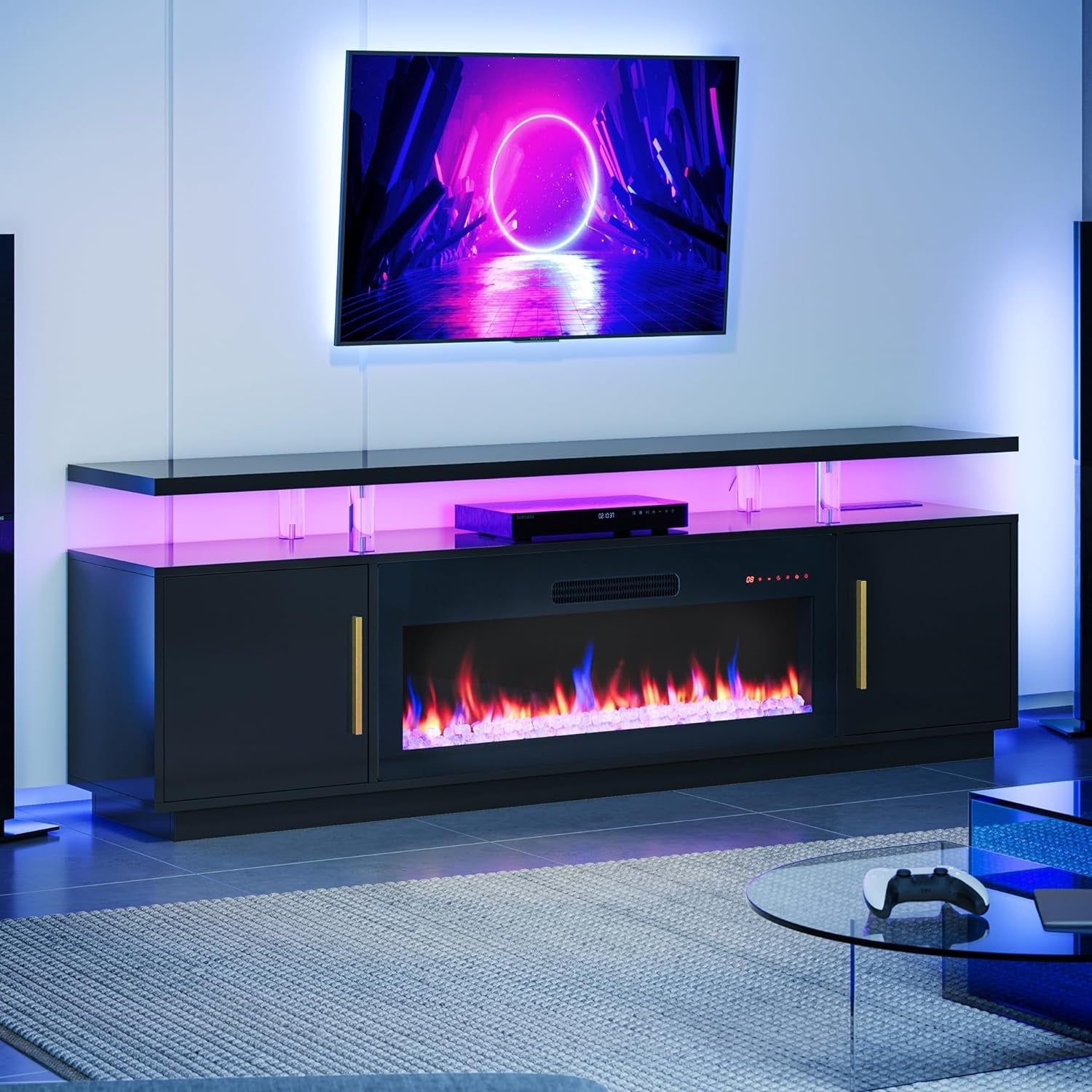 79&quot; TV Stand for Tvs up to 85&quot;, LED Light Entertainment Center with 42&quot; Electric Fireplace Heater, Storage Cabinet with USB AC Outlet, Media Console Table for Living Room - Avenue (Black)