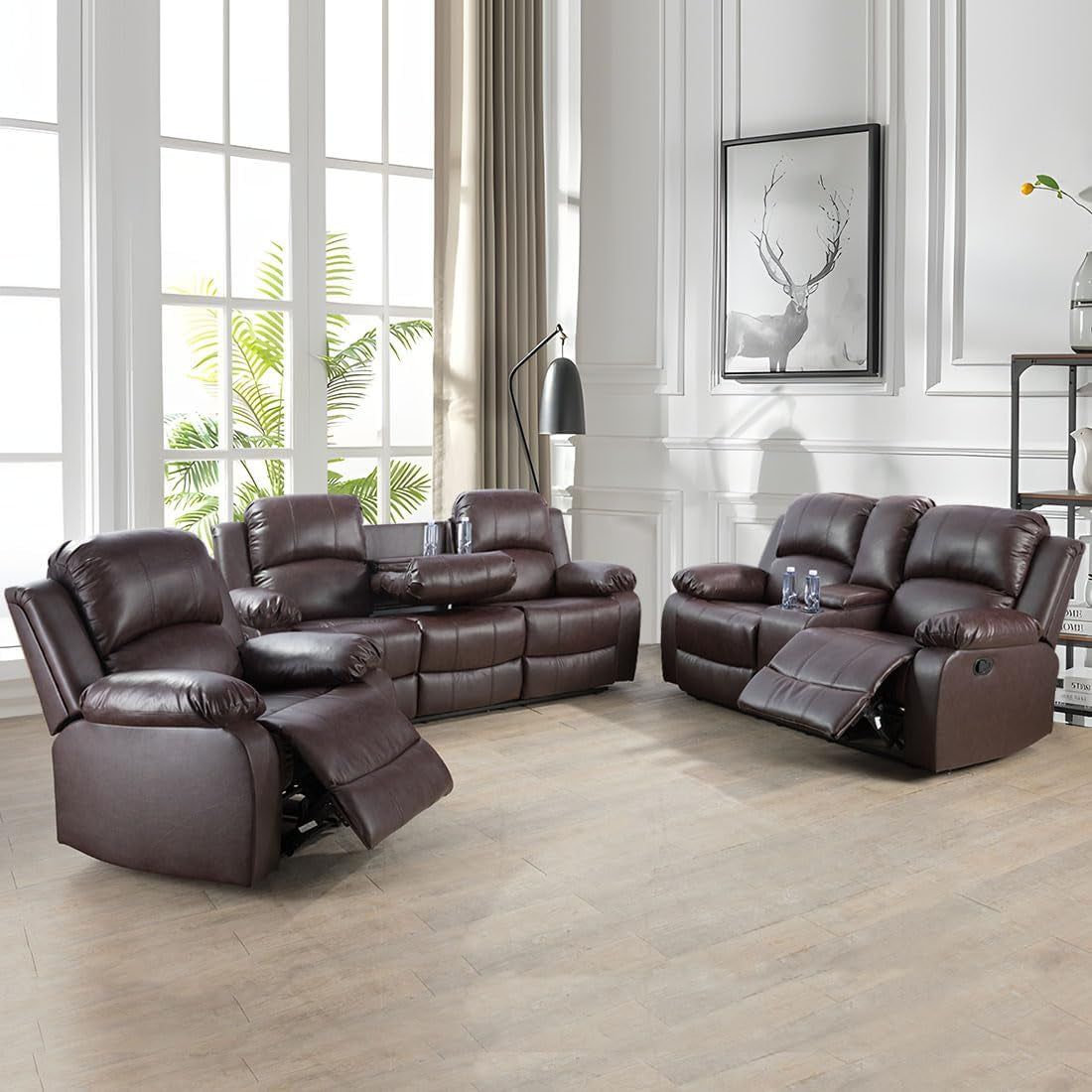 3PCS Recliner Sofa Set Vegan Leather Reclining Couch Set  Living Room Furniture Sets Manual Reclining Sofa Set with Cup Holders/Storage Console/Flip down Table for Home/Office (Brown, 3PCS Set)