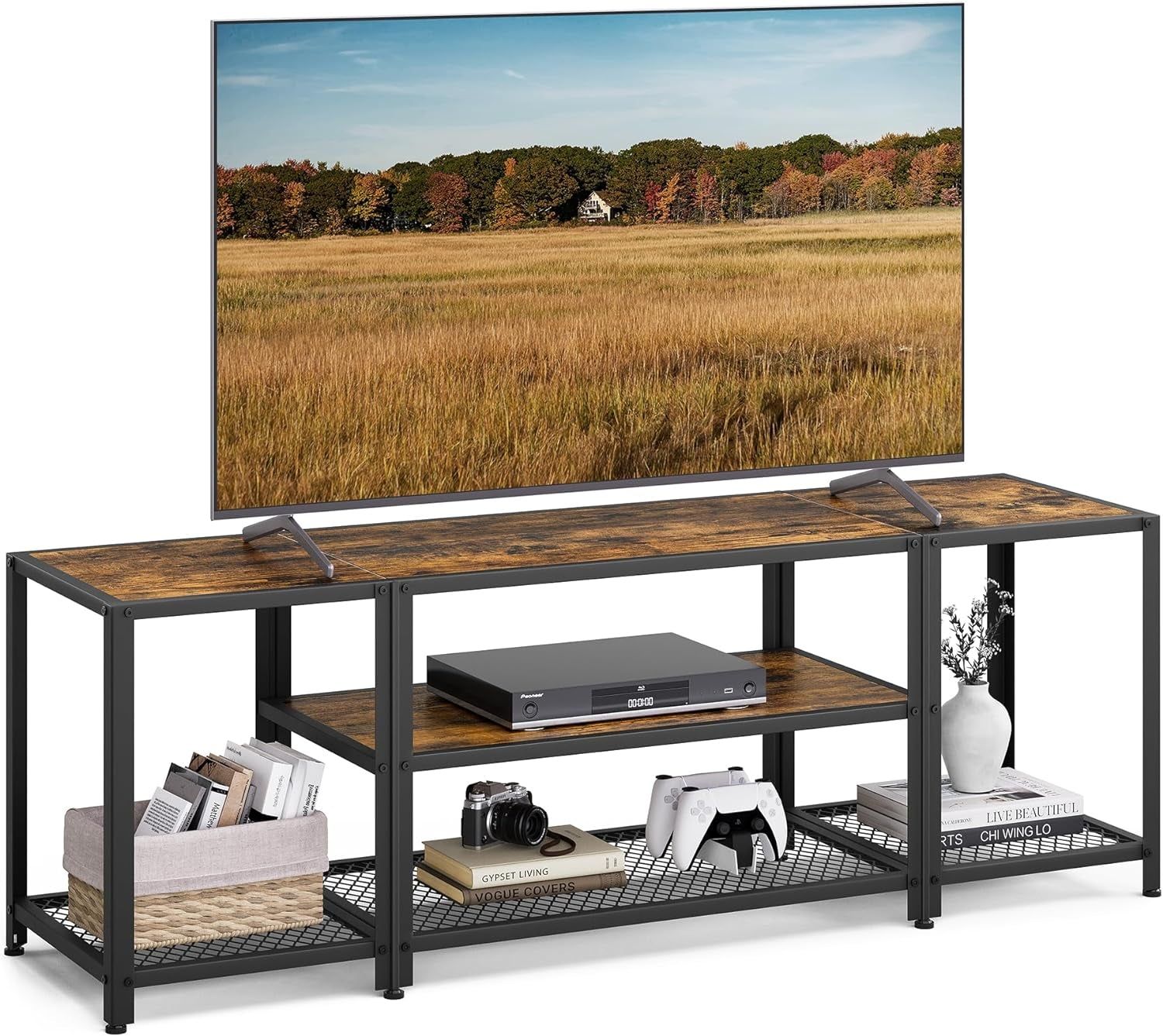 Modern TV Stand for Tvs up to 65 Inches, 3-Tier Entertainment Center, Industrial TV Console Table with Open Storage Shelves, for Living Room, Bedroom, Rustic Brown and Black ULTV097B01