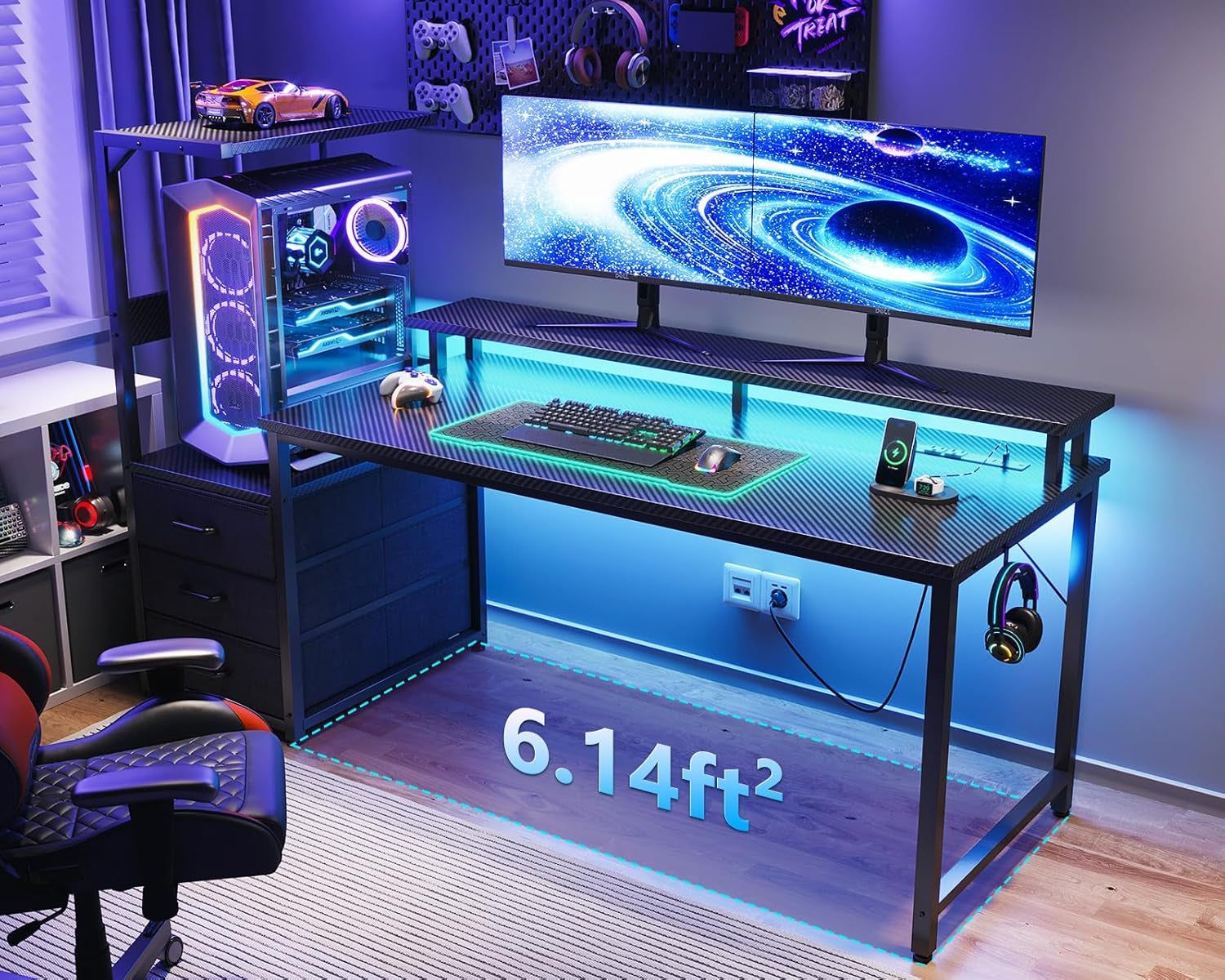 59 Inch Gaming Desk with USB Charging Ports &amp; LED Light- Reversible Computer Desk with Storage Shelves &amp; Monitor Stand, Modern Gamer Desk Table with Fabric Drawers &amp; Side Hook, Carbon Fiber Black