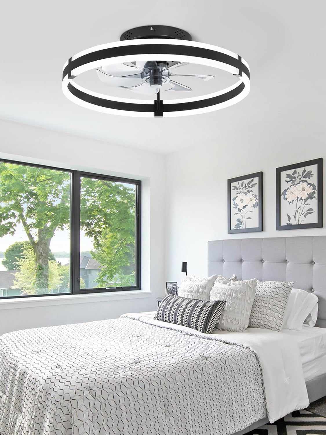 Ceiling Fans with Lights and Remote, 19.7&#39;&#39; Low Profile Ceiling Fans, 3000-6000K Dimmable Modern Flush Mount LED Fan Light, 6 Wind Speeds, Black Fandelier Ceiling Fans with Lights for Bedroom