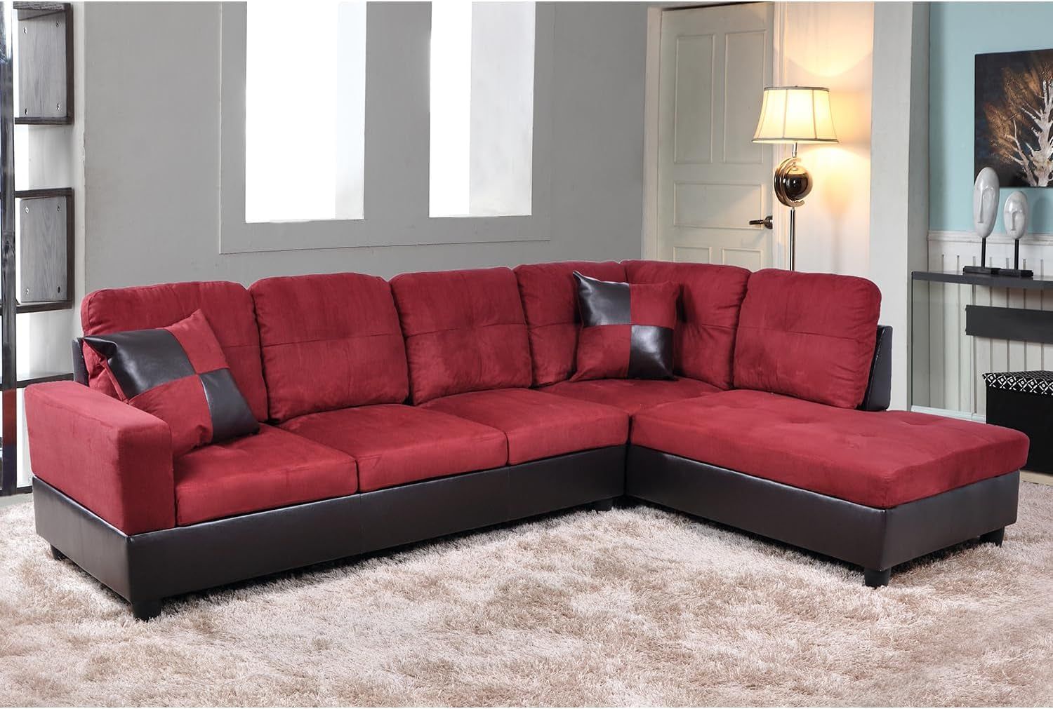 2 Pieces Sectional Sofa Sets, L-Shape Sofa Microfiber Couch Living Room Sofa Set with Chaise Using for Living Room Furniture(A-Red, Right Hand Facing)