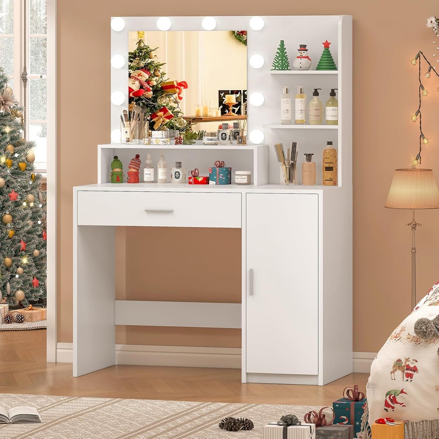 Makeup Vanity Desk with Mirror and Lights, Vanity Desk with Large Drawer &amp; Shelves &amp; Cabinet, 3 Color Modes &amp; Adjustable Brightness, Dressing Table Set for Bedroom, White