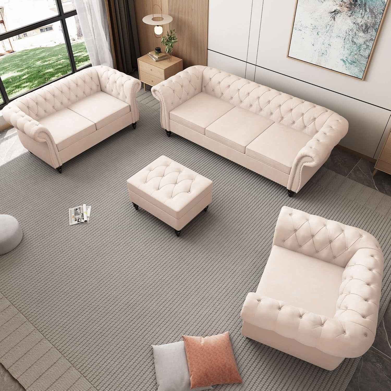 3-Piece Living Room Sectional Sofa Set, Upholstered Sofa Modern Sofa Couches Set Style Button Tufted, Velvet Chesterfield Sofa for Living Room Apartment, 1+2+3 Seat Beige