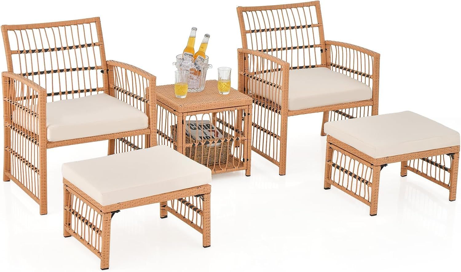5 Piece Patio Wicker Sofa Set, Outdoor Rattan Conversation Set with Seat Cushions, 2-Tier Coffee Table &amp; 2 Ottomans, Wicker Sofa Set for Backyard, Poolside (Natural)