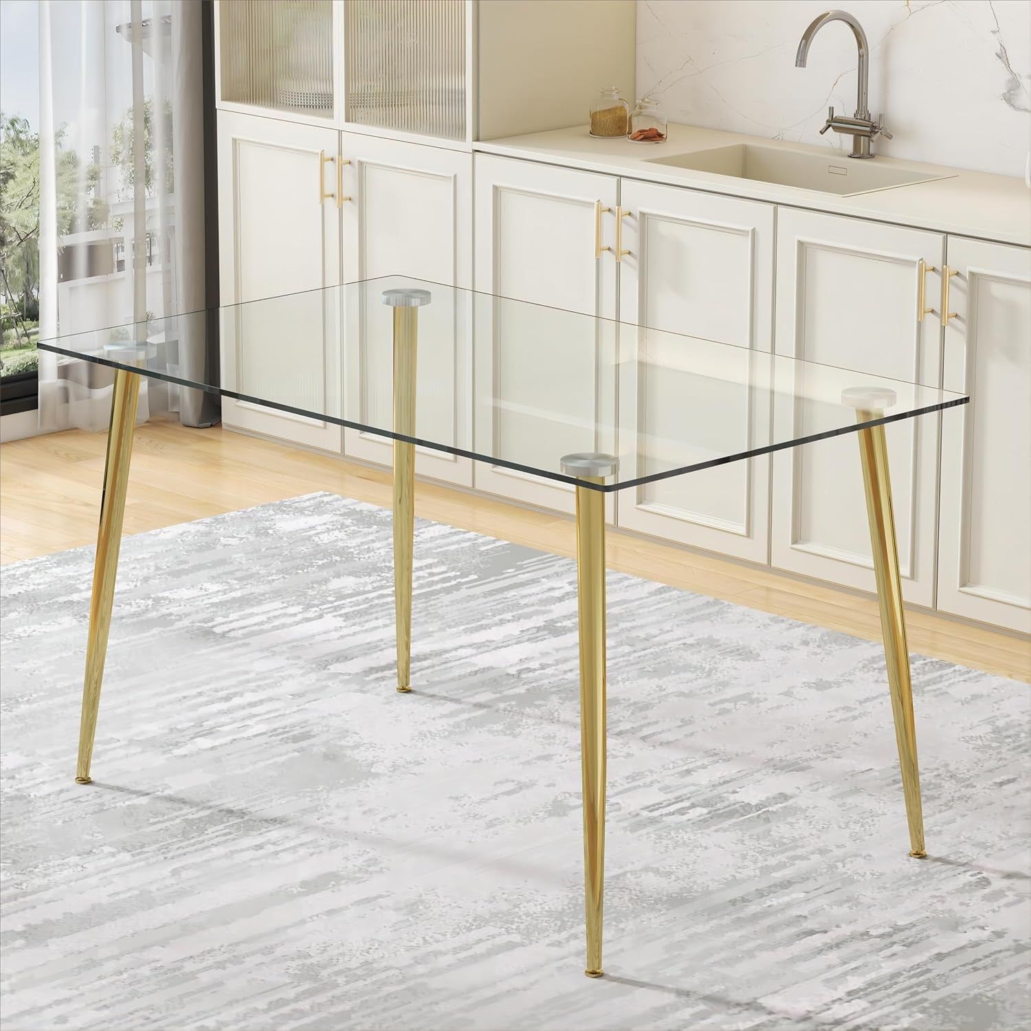Glass Dining Table for 4 with 51 Inch Clear Tempered Glass Top, 0.31&quot; Modern Rectangular Glass Kitchen Table Furniture with 4 Golden Plating Metal Legs for Home Kitchen Room