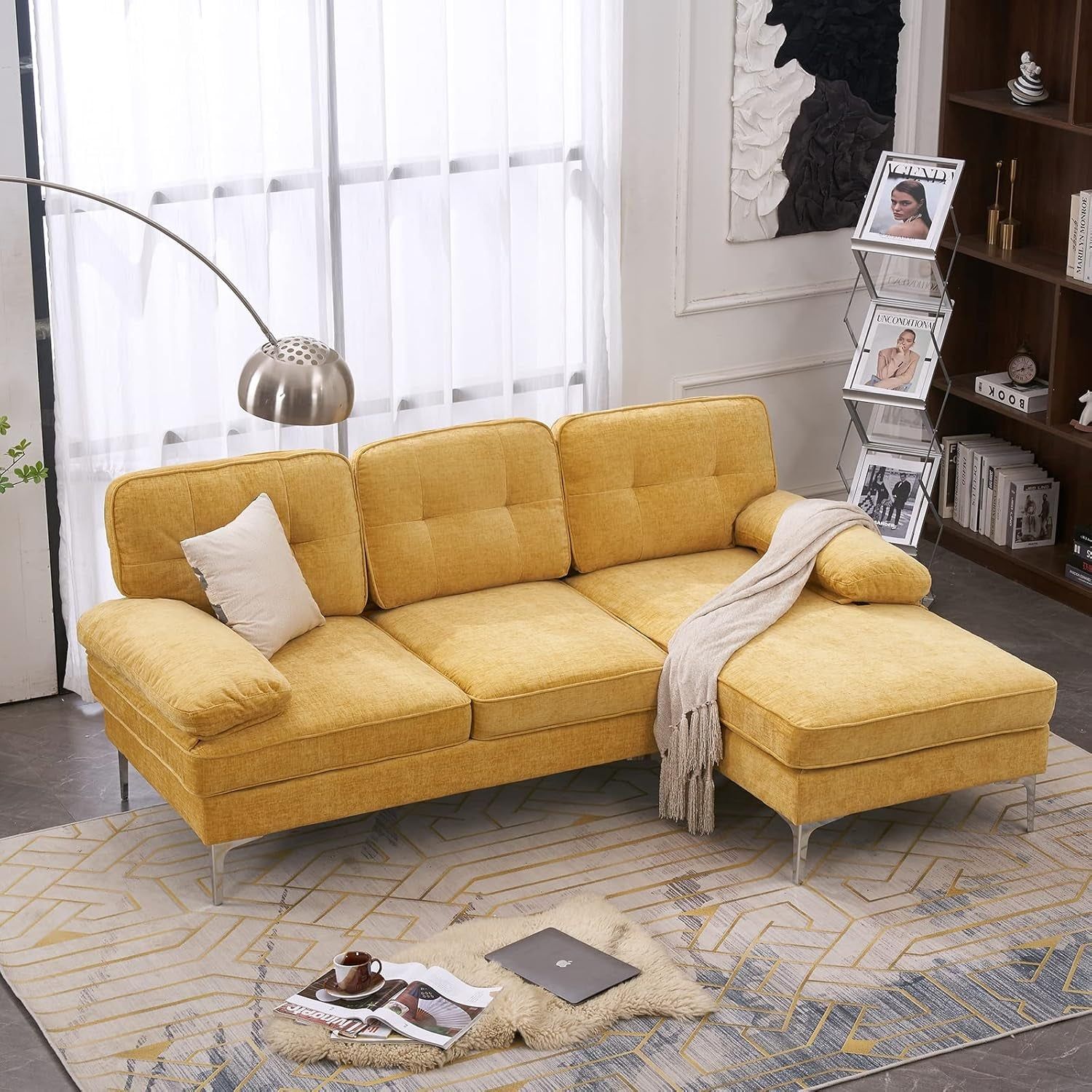 Sectional Sofa 83&quot; L-Shape Sofa Couch 3-Seat Couch with Chaise Chenillefabric Upholstered for Living Room, Apartment, Office, Yellow
