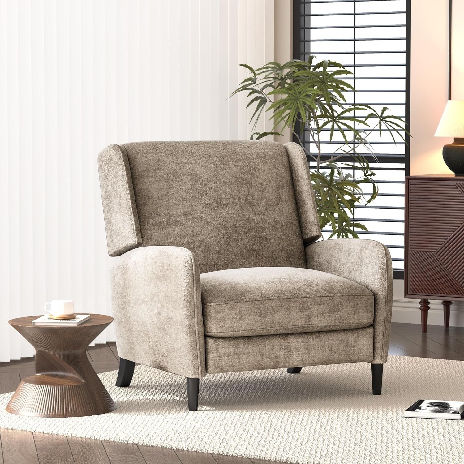 Oversized Pushback Recliner, Textured Fabric Push Back Chair with Padded Seat for Living Room Bedroom, Beige