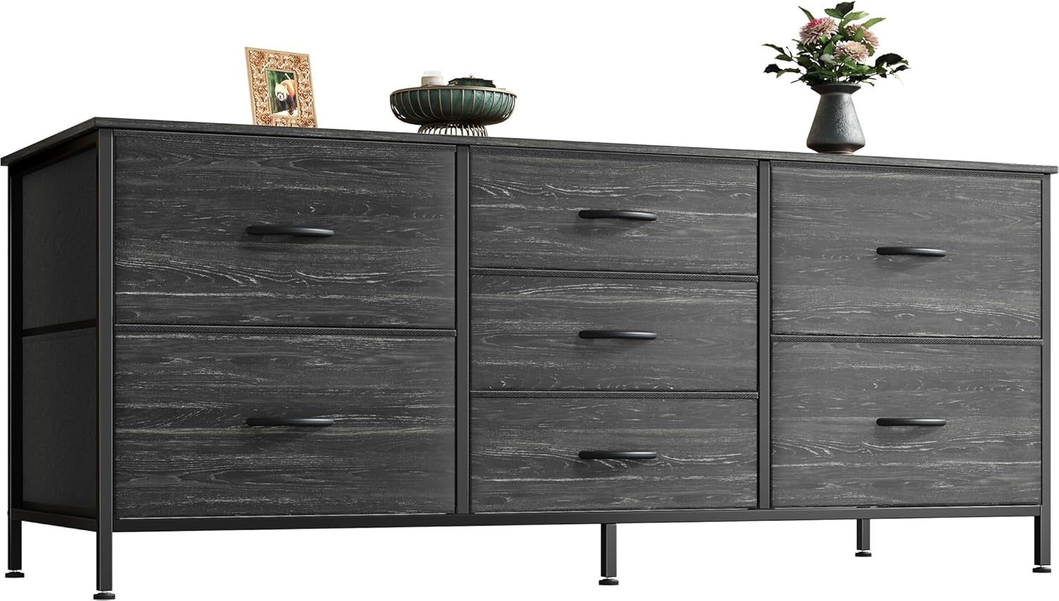 Dresser with 7 Fabric Drawers, 47 Inch Dresser TV Stand for 43, 50, 55 Inch TV, Wide Dresser Chest of Drawers, Metal Frame, Storage Dresser for Bedroom, Nursery, Charcoal Black Wood Grain Print
