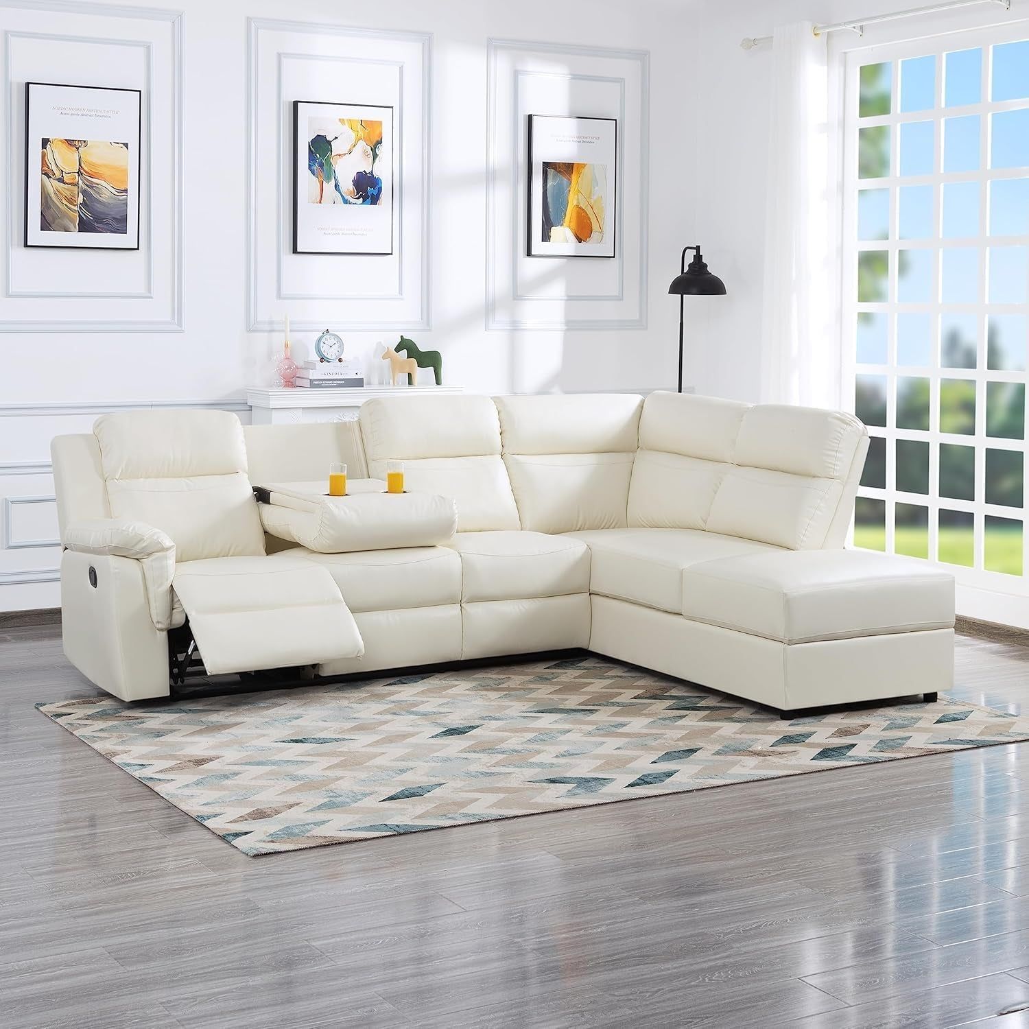 L-Shaped Manual Reclining Motion Sofa Modern Living Room Corner Sectional Couch ,Oversized Faux Leather Upholstered Recliner Sofa&amp;Couch W/2 Cupholders and Storage Chaise for Living Room/Home Theater