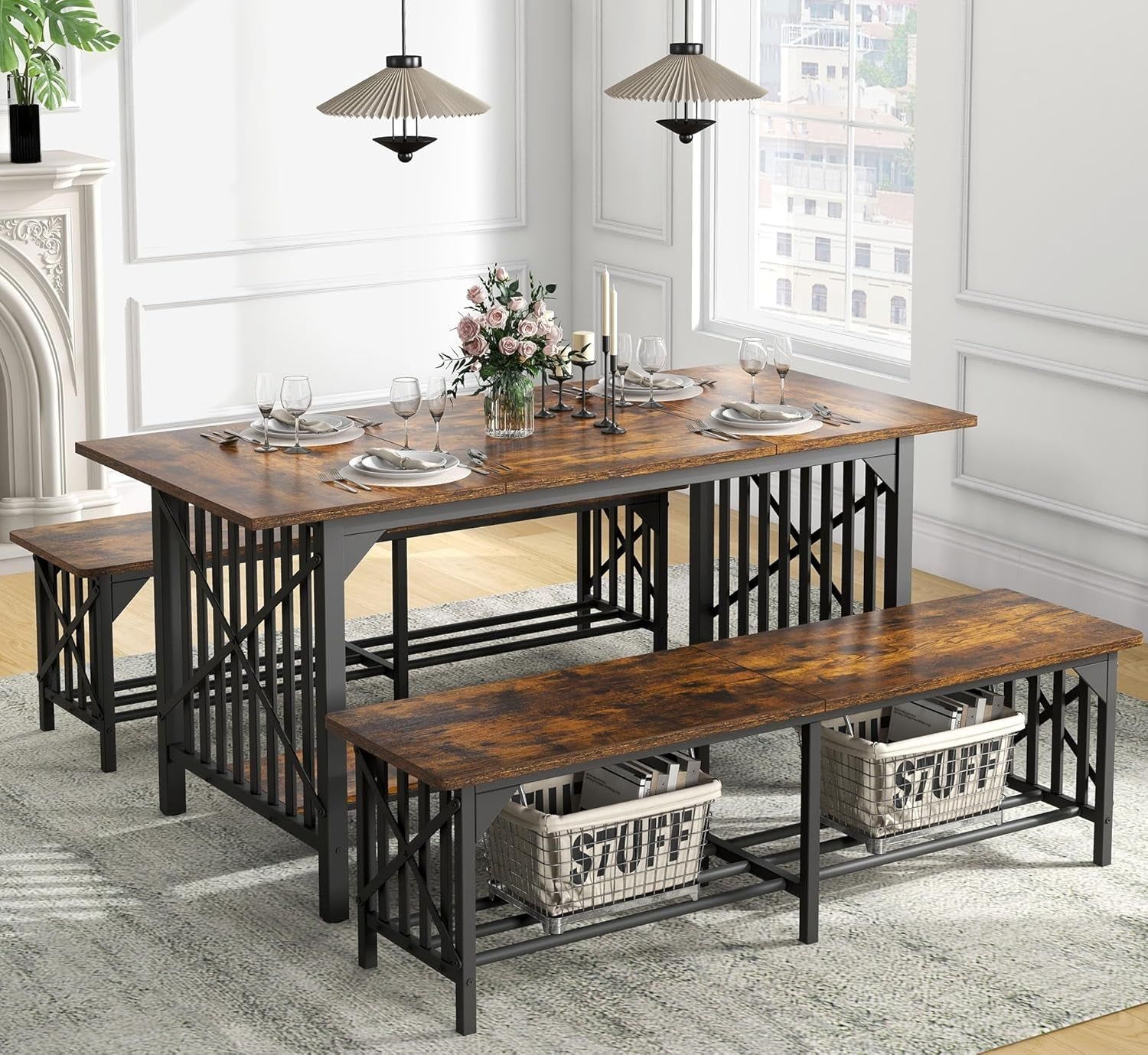 3-Piece Dining Table Set for 4-6 People, 63&quot; Dining Room Table with 2 Benches, Industrial Rectangular Dining Room Table Set with Storage for Kitchen, Dining Room, Rustic Brown