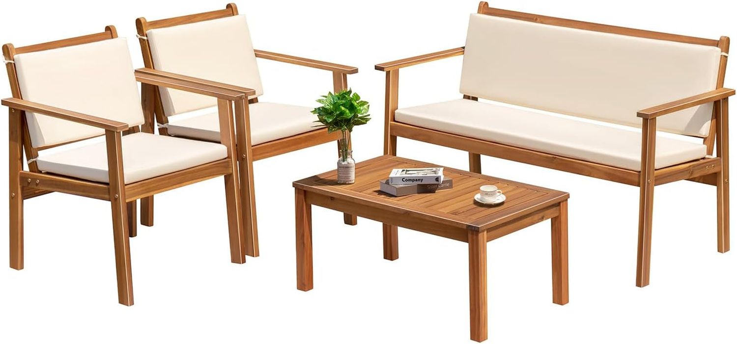 Outdoor Patio Furniture, 4 Piece Bistro Sofa Set with Coffee Table and Loveseat, Acacia Wood Conversation Sets with Cushions, for Garden, Backyard, Poolside, White