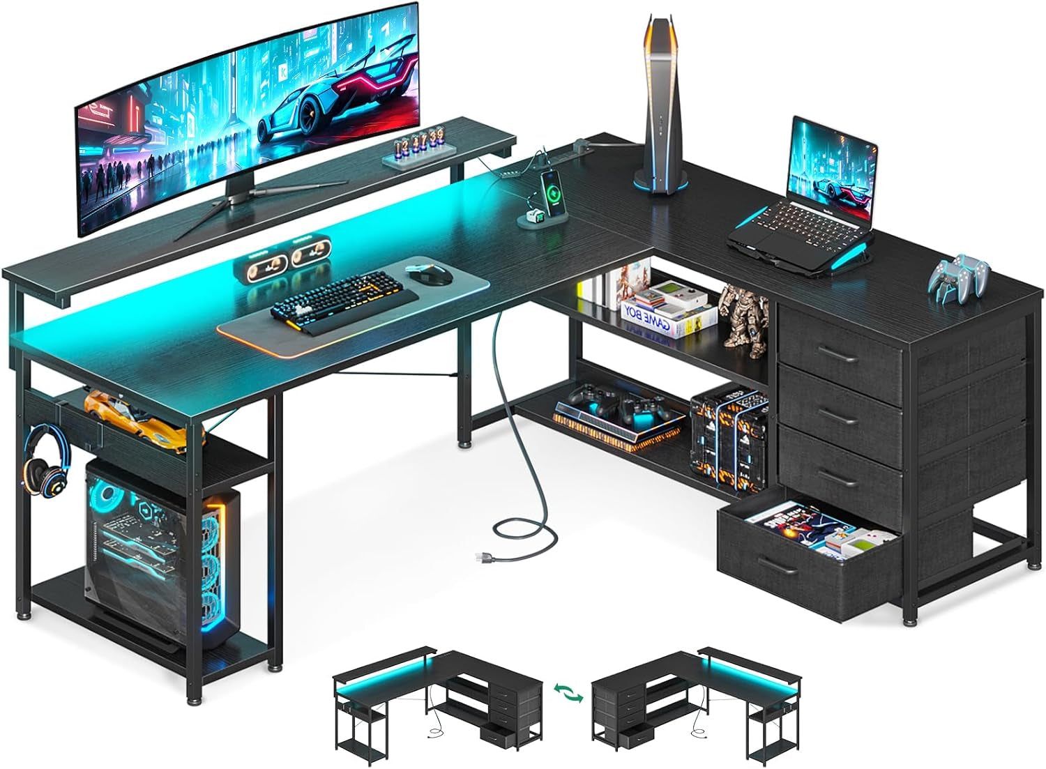 61&quot; L Shaped Desk with Drawer, Computer Desk with Power Outlets &amp; LED Lights, Reversible Corner Gaming Desk for Home Office Workstation, Office Desk with Monitor Shelf, Pure Black
