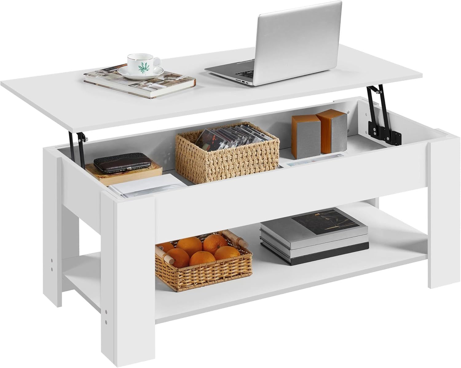 Lift Top Coffee Table with Hidden Compartment and Storage Shelf, Rising Tabletop Dining Table for Living Room Reception Room, 47.5In L, White