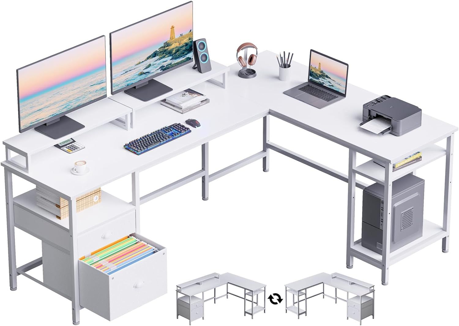 White 66&quot; L Shaped Desk with Shelves, Reversible Corner Computer Desk with File Drawer &amp; Dual Monitor Stand, Large Home Office Desk Writing Study Gaming Table Workstation