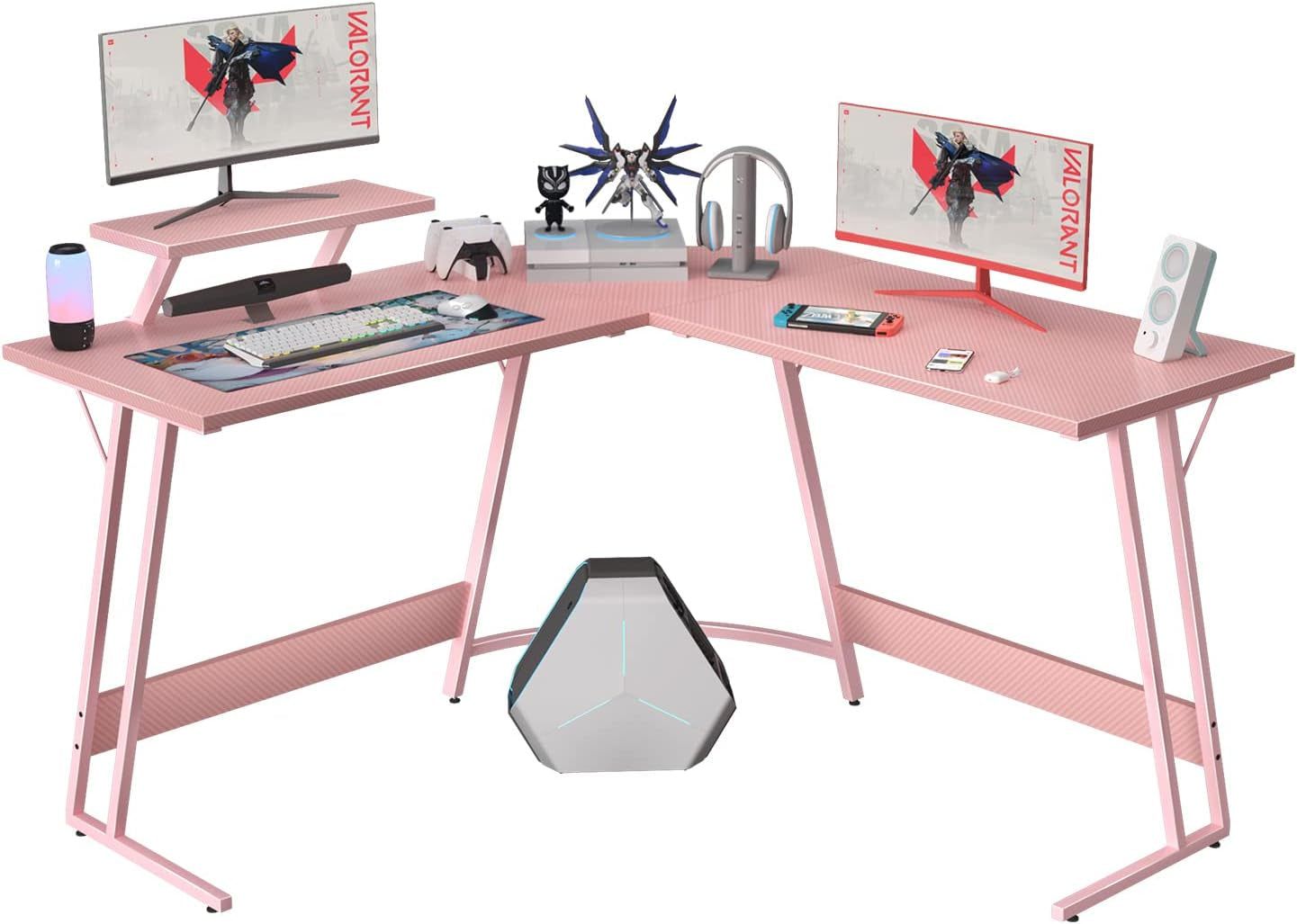 Pink L Shaped Gaming Desk Computer Corner PC Desk Table with Large Monitor Stand for Home Office Studying Writing Workstation, Gift for Girls and Women (Pink, 51 Inch)