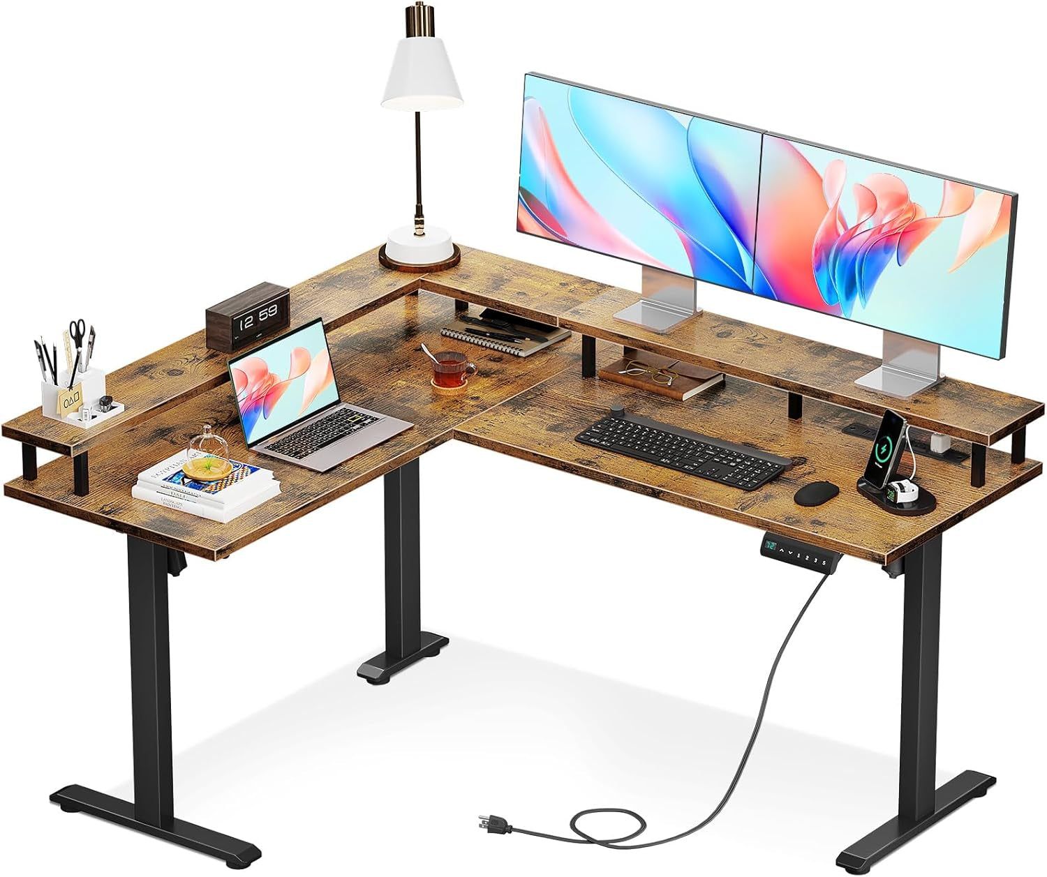 Electric L Shaped Standing Desk, 59 Inch Height Adjustable Stand up Desk with Power Outlets ＆ Full Monitor Stand, Reversible Corner Desk for Home Office ＆ Computer Workstation, Rustic Brown