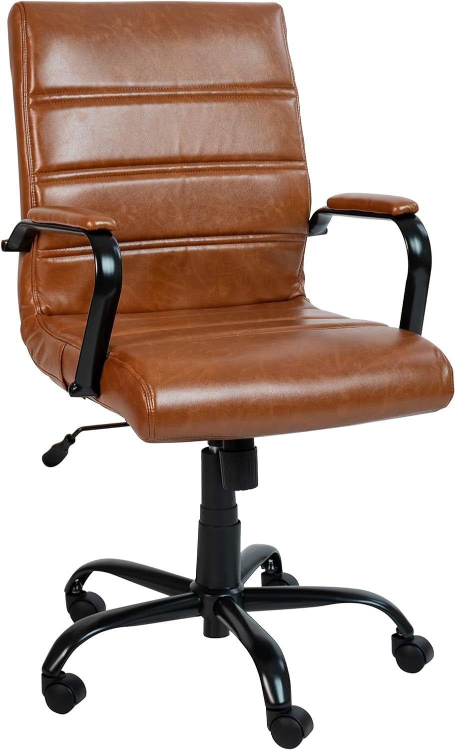 Whitney Mid-Back Swivel Leather Desk Chair with Padded Seat and Armrests, Adjustable Height Padded Leather Office Chair, Brown/Black