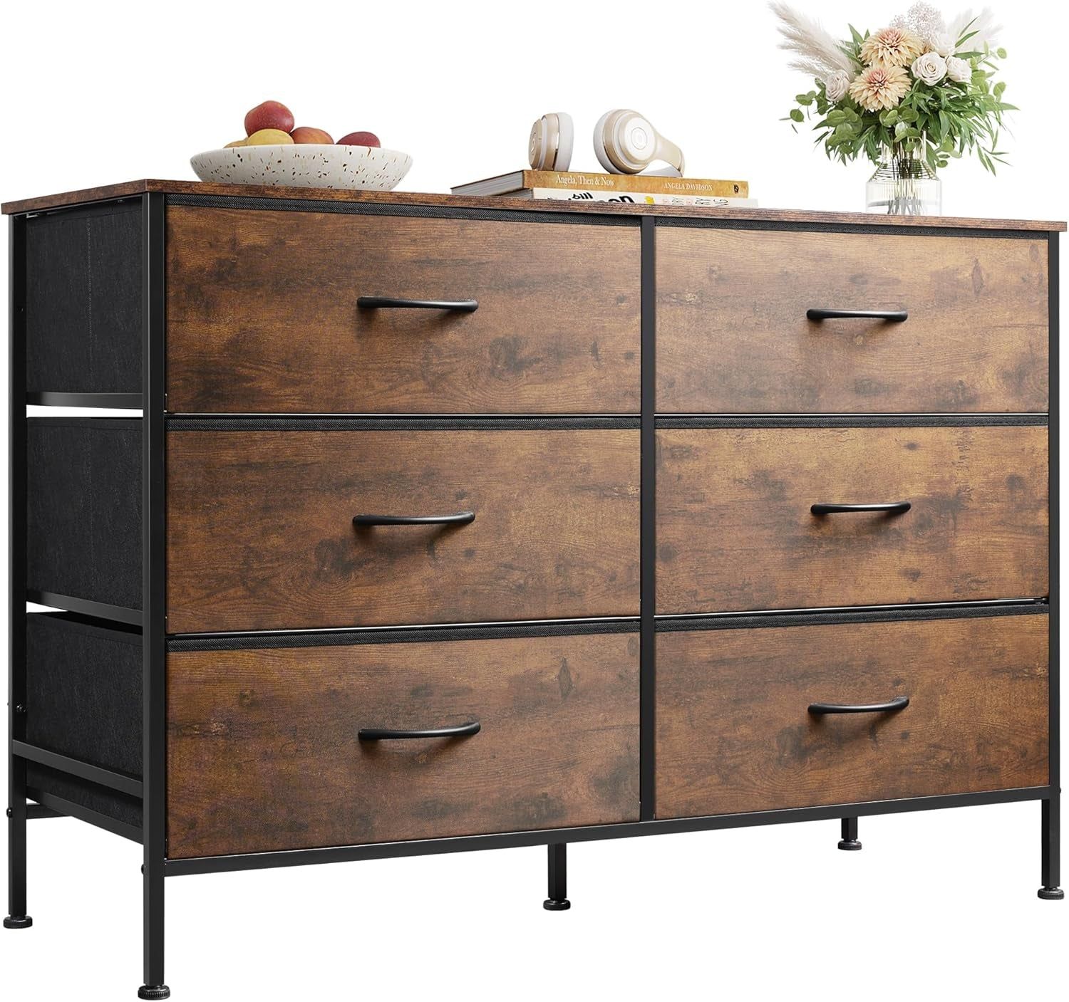 Dresser for Bedroom with 6 Drawers, Wide Fabric Dresser TV Stand for 50 Inches TV, with Metal Frame, Wooden Top, Fabric Storage Dresser for Bedroom, Hallway, Entryway, Rustic Brown