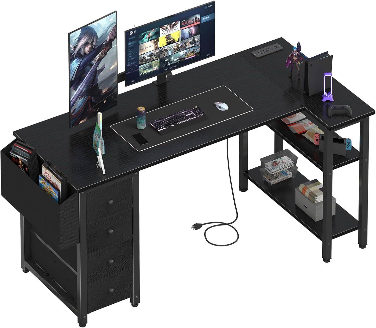L Shaped Gaming Desk with Drawers &amp; Storage Shelves, 55 Inch Corner Computer Desk with Power Outlet for Home Office Bedroom, L-Shaped Teen PC Desks with Fabric Drawer, Black