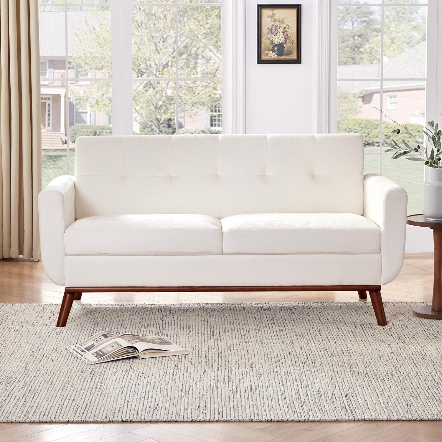 65.2&quot; W Loveseat Sofa, Mid Century Modern Decor Love Seat Couches for Living Room, Button Tufted Upholstered Furniture, Solid &amp; Easy to Install Small Couch for Bedroom Office Apartment, White
