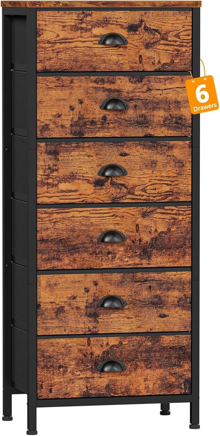 Tall Dresser with 6 Drawers,Vertical End Table and Nightstand for Bedroom,Industrial Dorm Bedside Furniture with Fabric Storage Drawer Organizer in Living Room,Closet,Entryway(Rustic Brown)