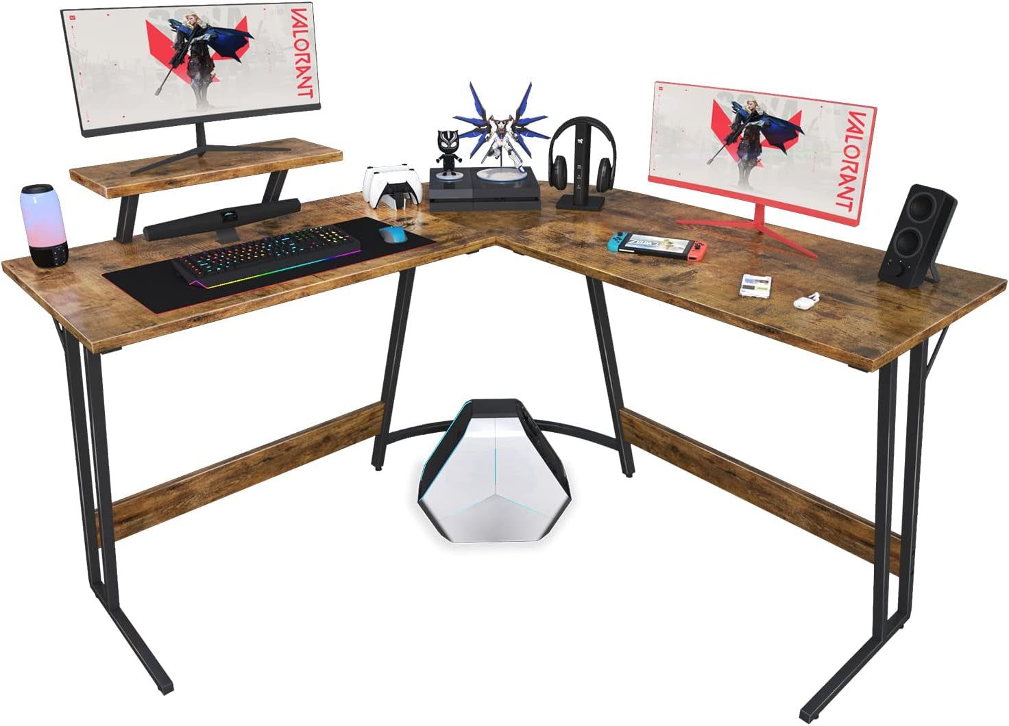 L Shaped Gaming Desk Computer Corner Desk PC Gaming Desk Table with Large Monitor Riser Stand for Home Office Sturdy Writing Workstation (Classical Brown, 51 Inch)