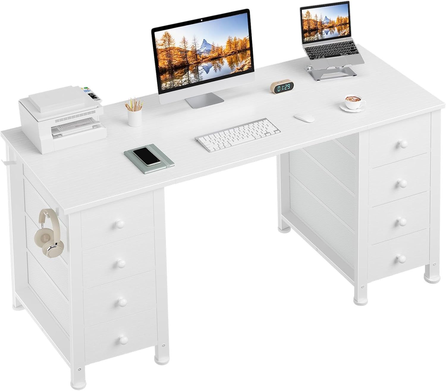 White Computer Desk with Drawers for Storage - 55 Inch Home Office Desk with 8 Fabric Drawers, Writing Study Desk with Drawers on Both Sides for Bedroom