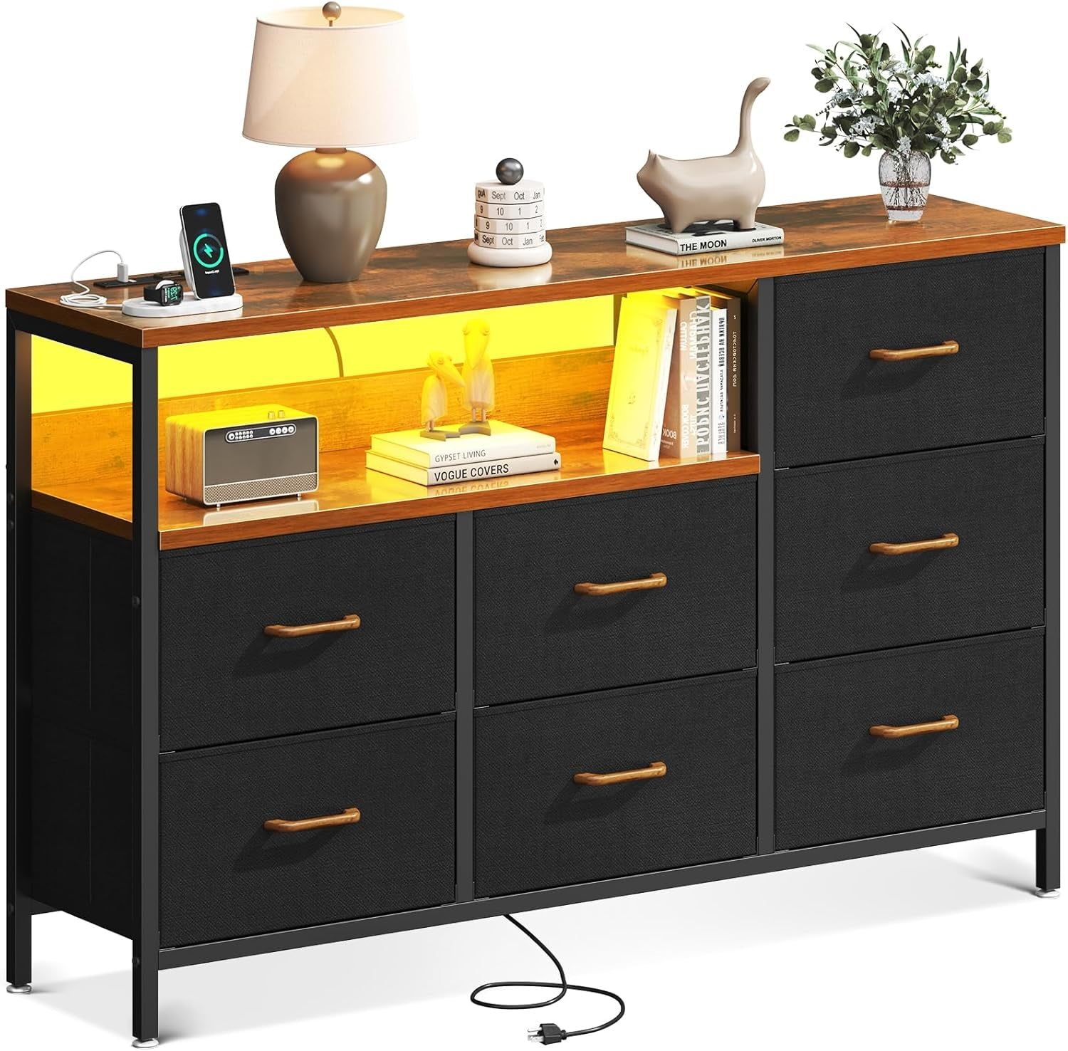Dresser with LED Lights and Charging Station, 52-Inch Long Dresser for Bedoom with 7 Large Storage Drawers, Fabric Dresser TV Stand with Open Shelves, Vintage