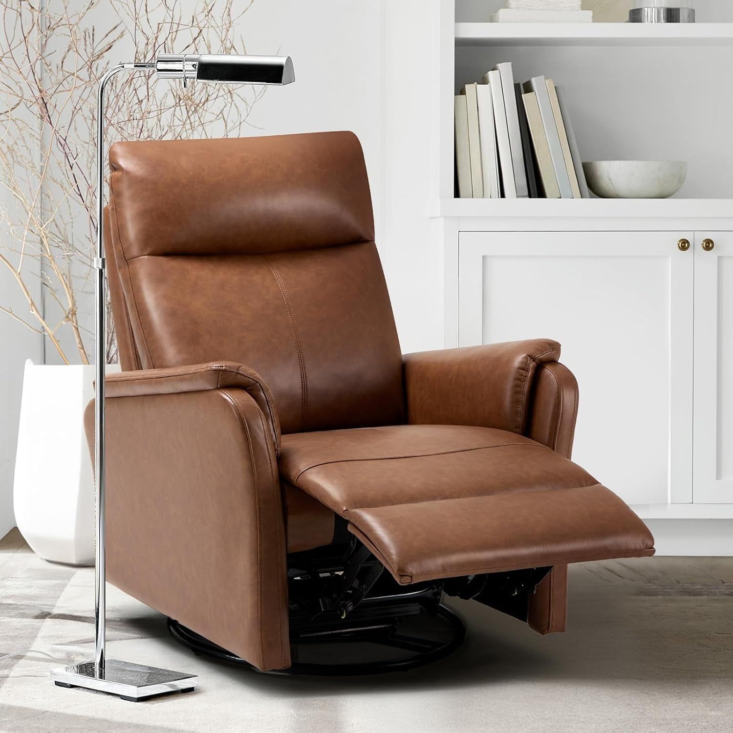 Swivel Rocking Recliner Glider Chair, Leather Nursery Reclining Rocker Chair with Footrest, Ergonomic Backrest, Wide Seat Cushion and Metal Base-Cocoa